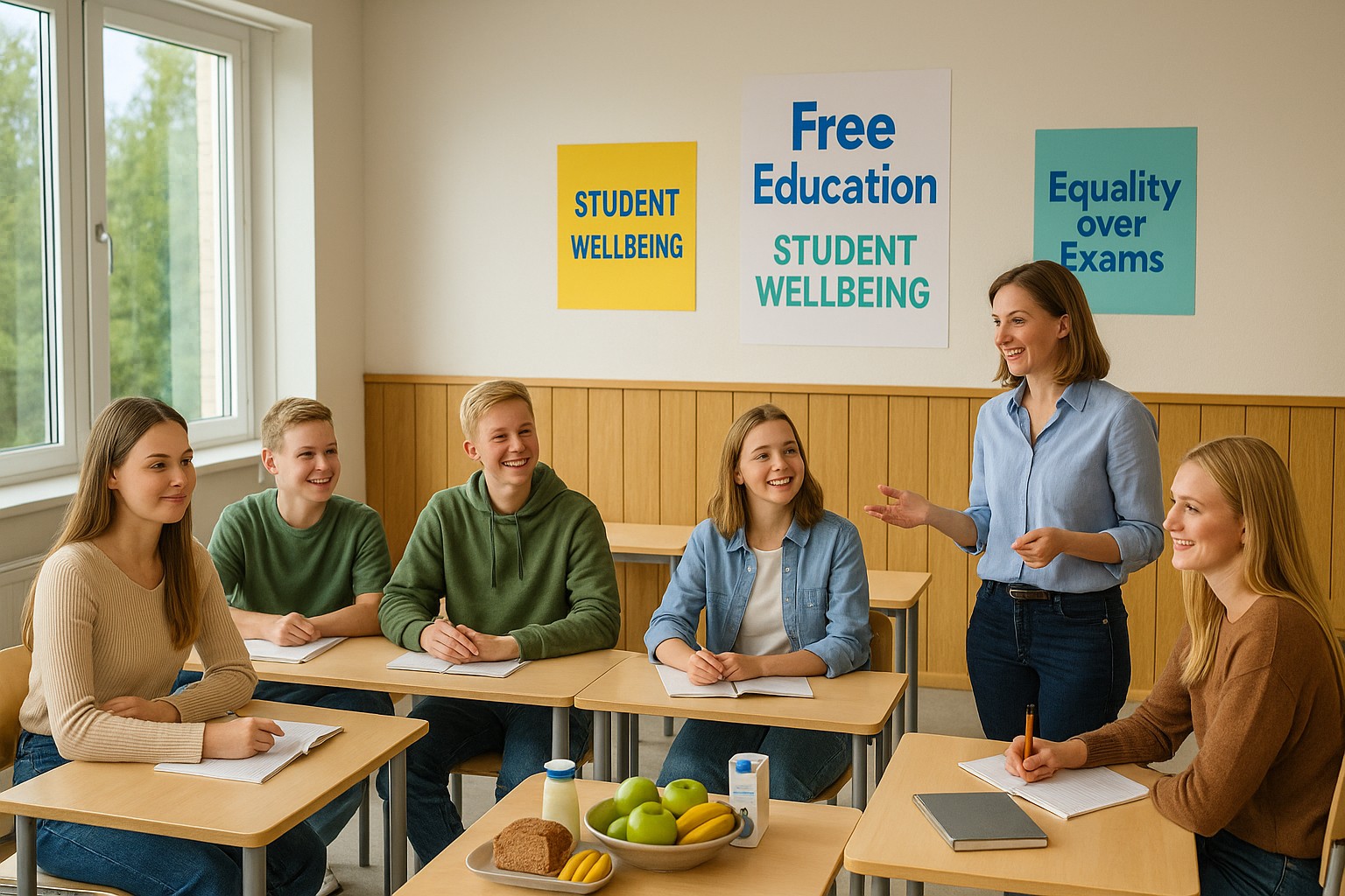 Heller finnischer Klassenraum mit Schülern, Lehrerin, kostenlosem Schulessen und Postern zu „Free Education“, „Student Wellbeing“ und „Equality over Exams“.
