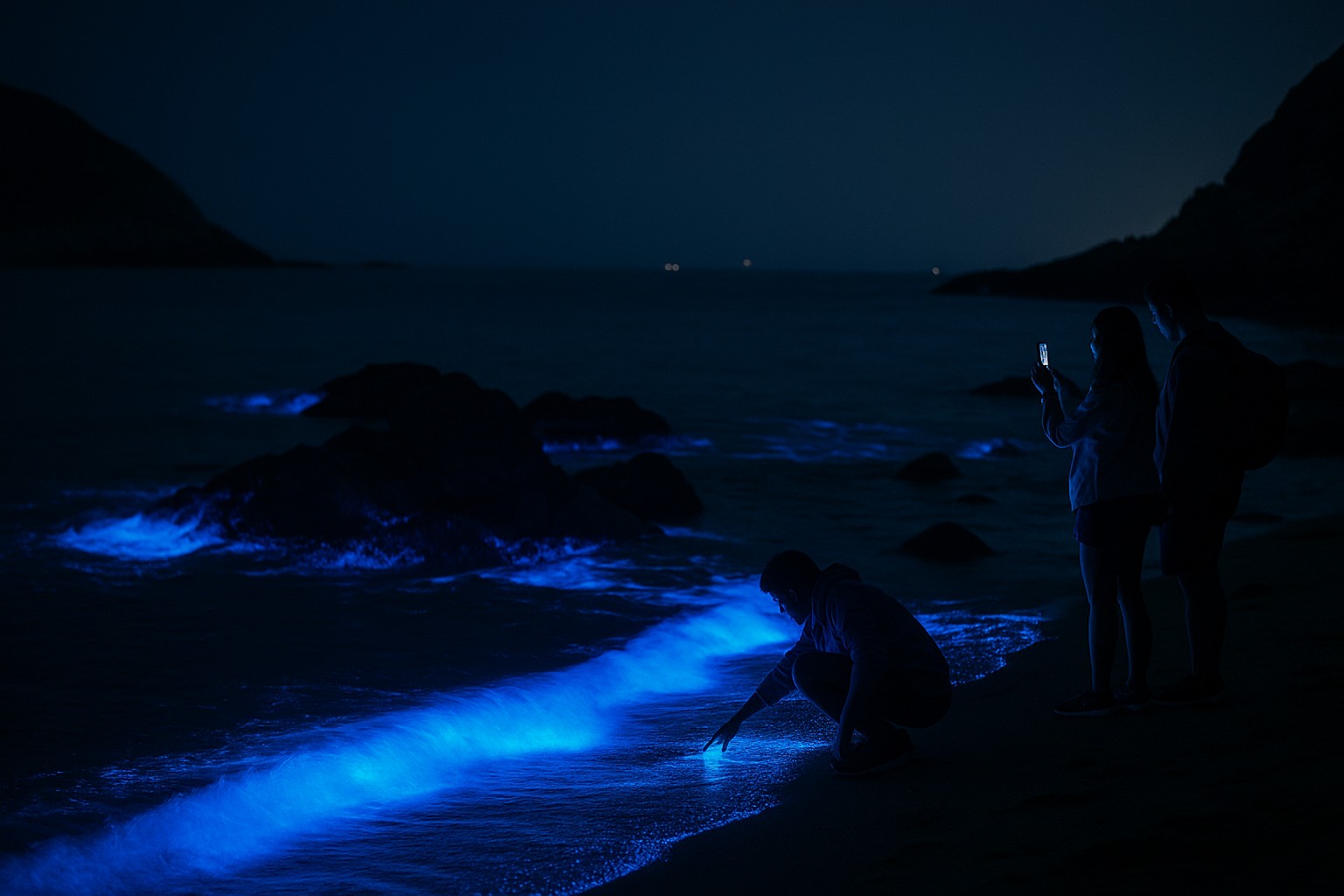 Ein Nachtfoto zeigt eine felsige Küste in Taiwan, die vom biolumineszenten Glühen des Meereslichts („Blue Tears“) beleuchtet wird. Drei junge Menschen betrachten fasziniert das leuchtende Wasser, einer von ihnen hockt und berührt das Lichtspiel am Ufer.
