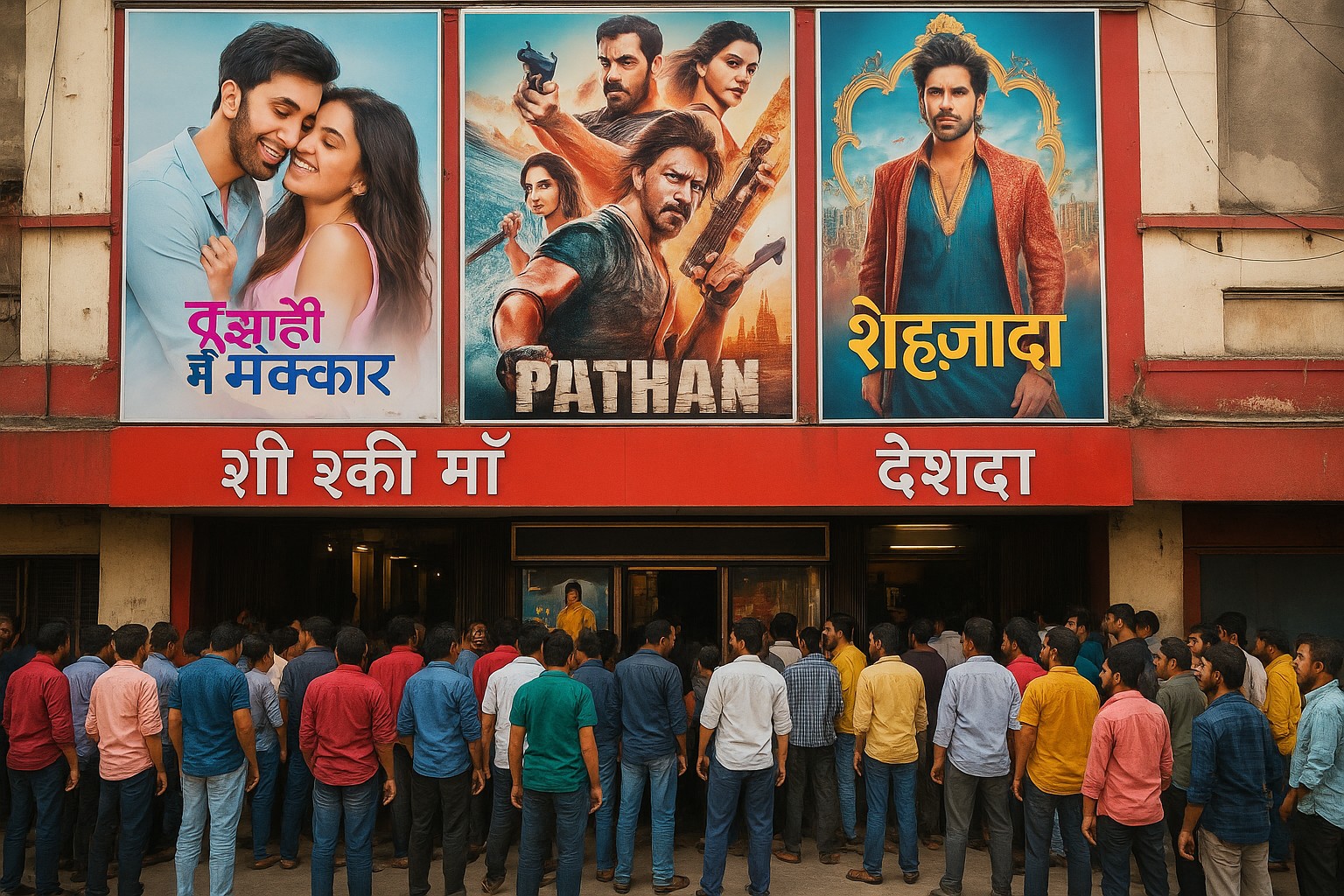 Eine Straßenszene vor einem indischen Kino mit drei Bollywood-Filmplakaten, darunter Ranbir Kapoor, John Abraham und Kartik Aaryan, während eine große Menschenmenge vor dem Eingang steht.
