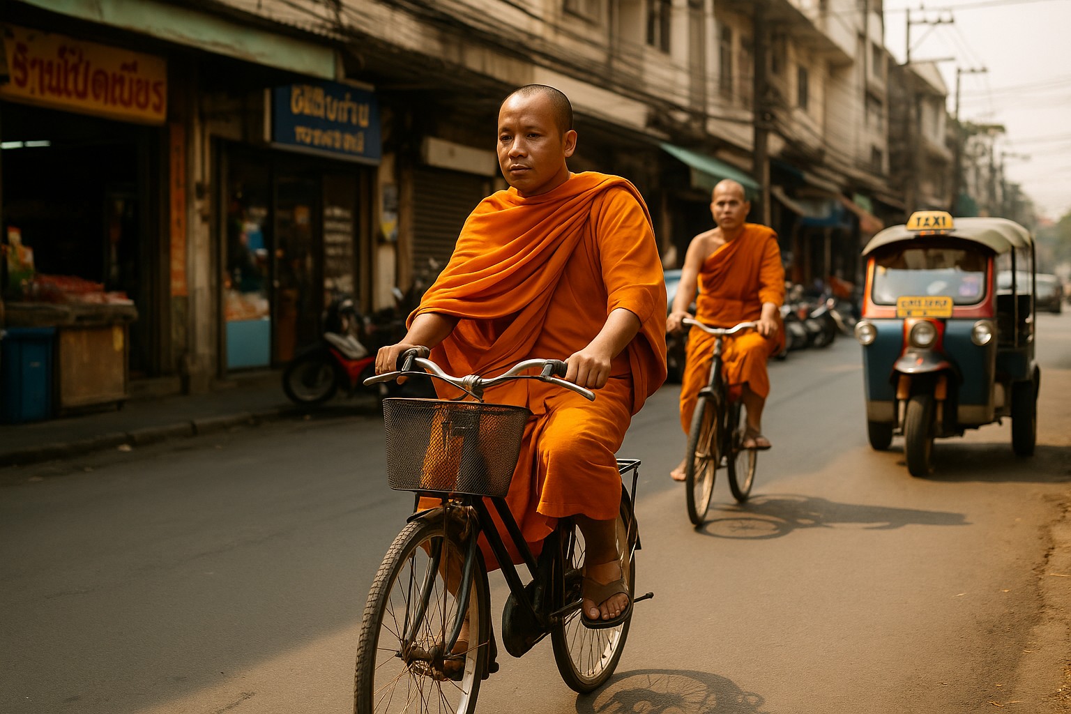 Ein buddhistischer Mönch in orangefarbener Robe fährt mit einem Fahrrad ruhig durch eine belebte Straße in Thailand, umgeben von Autos und Motorrollern.
