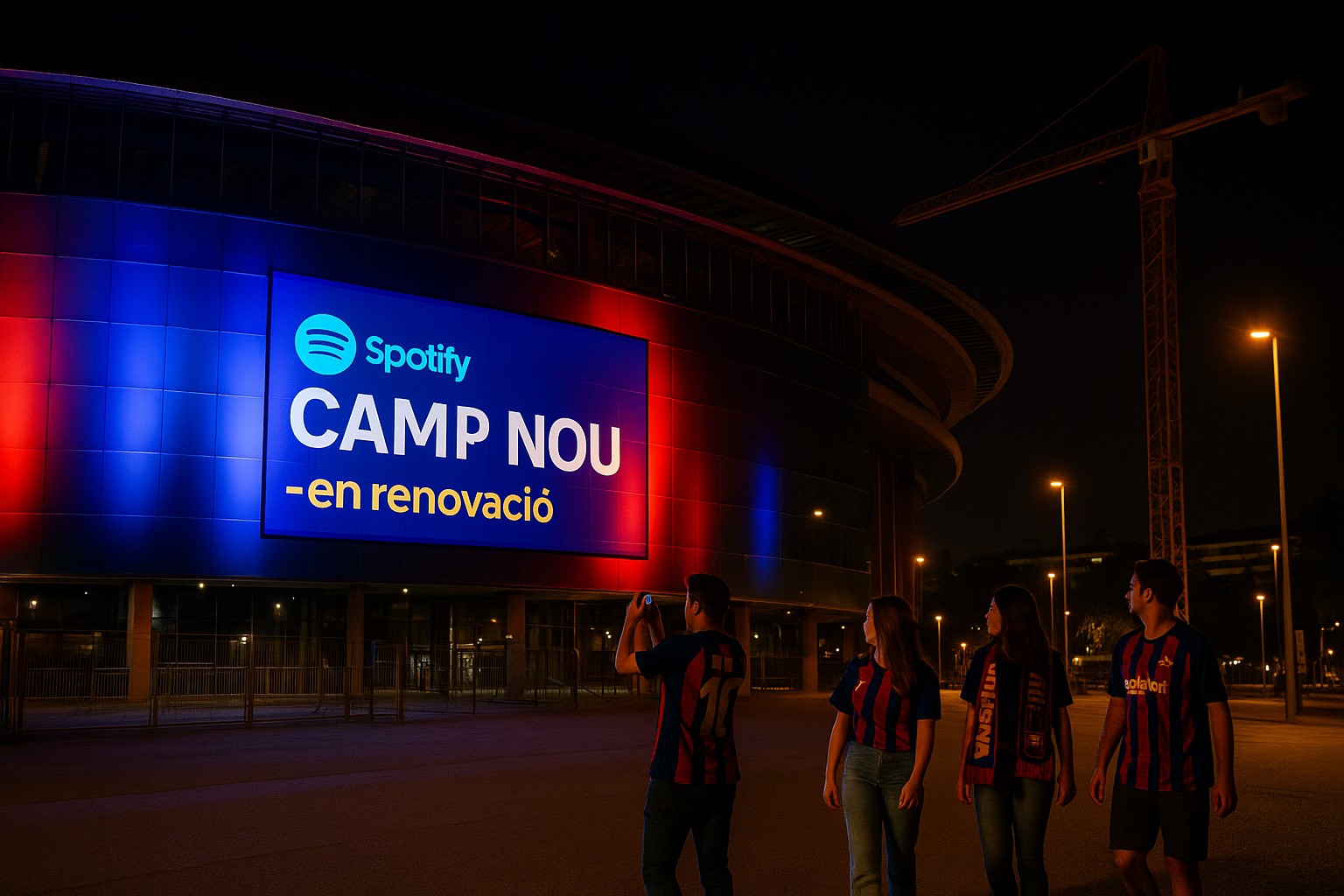 Das Camp Nou Stadion bei Nacht mit farbiger Beleuchtung in Blau und Rot, eine große LED-Anzeige zeigt „Spotify CAMP NOU – en renovació“. Vier Fans in Barça-Trikots gehen daran vorbei, während ein Baukran im Hintergrund sichtbar ist. 