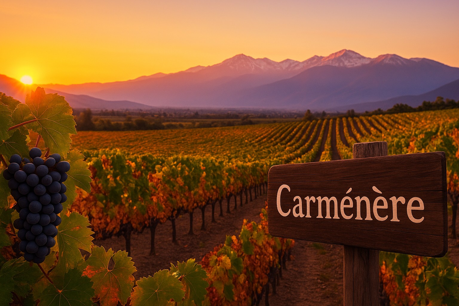 Ein Sonnenuntergang über einem Carménère-Weinberg in Chile, mit reifen dunkelvioletten Trauben im Vordergrund und einem Holzschild mit der Aufschrift „Carménère“.
