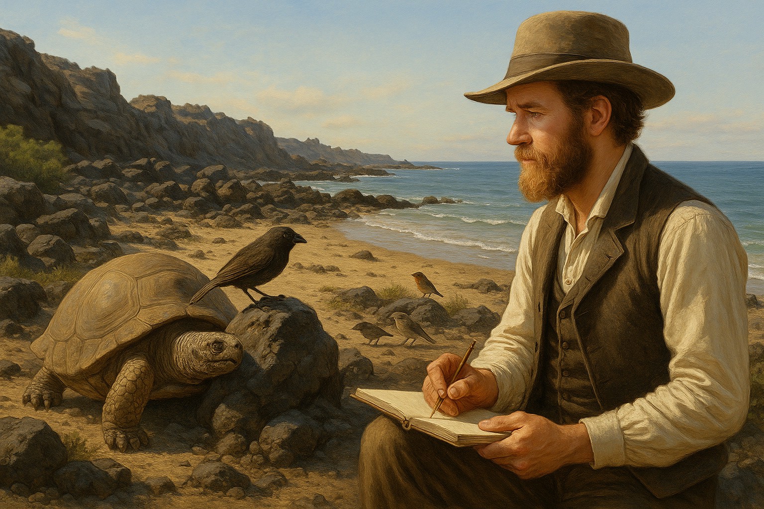Ein detailliertes Gemälde zeigt Charles Darwin, wie er an einem felsigen Strand auf den Galápagos-Inseln sitzt, ein Notizbuch hält und Tiere beobachtet, darunter eine Riesenschildkröte und mehrere Finken.
