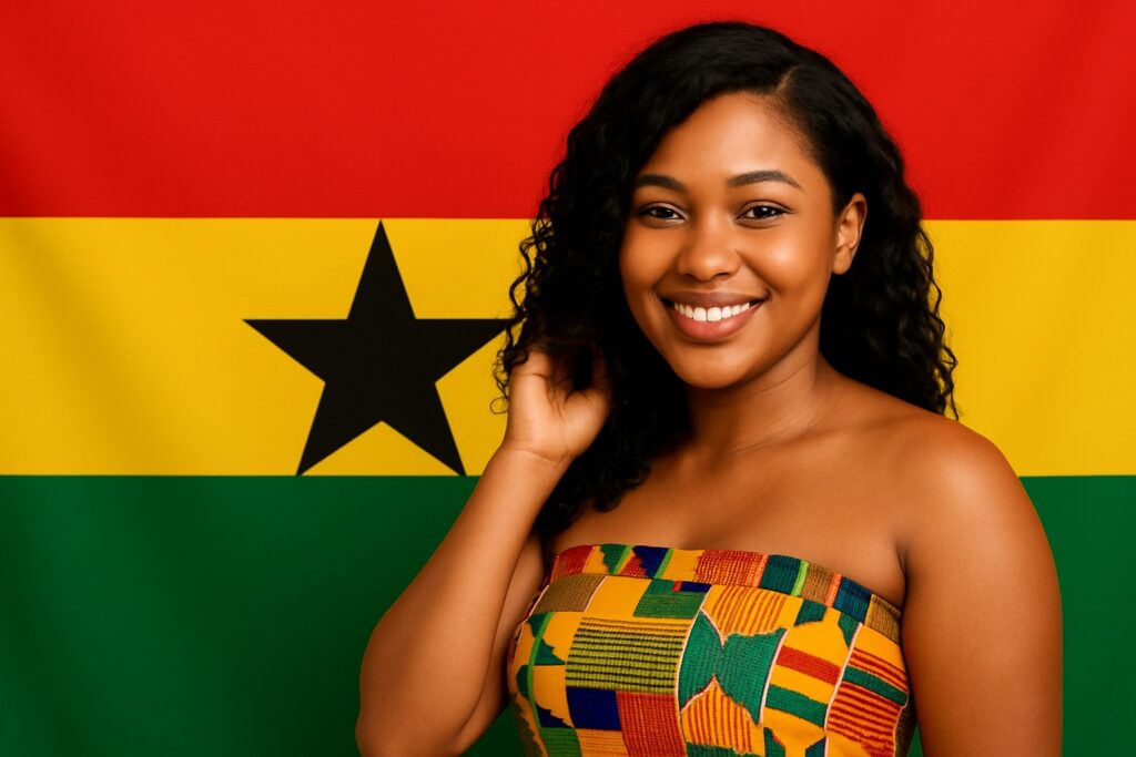 Junge Ghanaerin in einem leichten, ärmellosen Kente-Kleid lächelt freundlich vor der ghanaischen Flagge (rot-gold-grün mit schwarzem Stern).