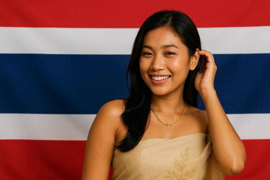 Junge Thailänderin in schulterfreiem gold-beigem Kleid lächelt zart und berührt spielerisch ihr Haar vor der Nationalflagge Thailands.