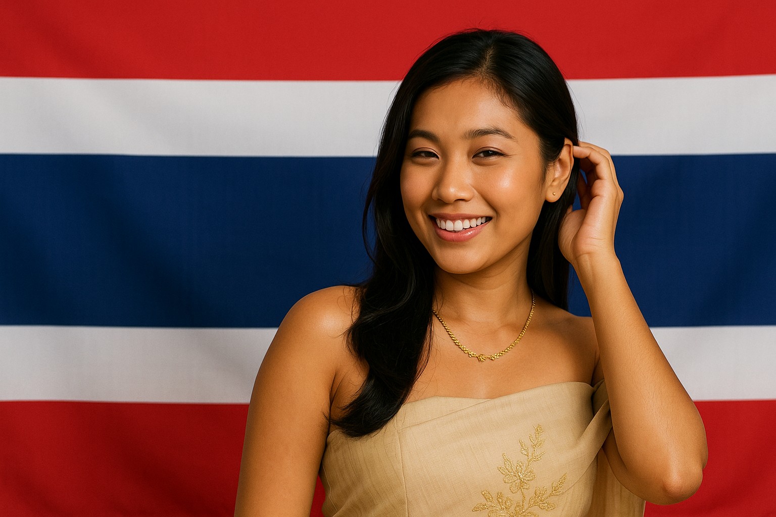 Charmantes Porträt einer jungen Thailänderin vor der Flagge