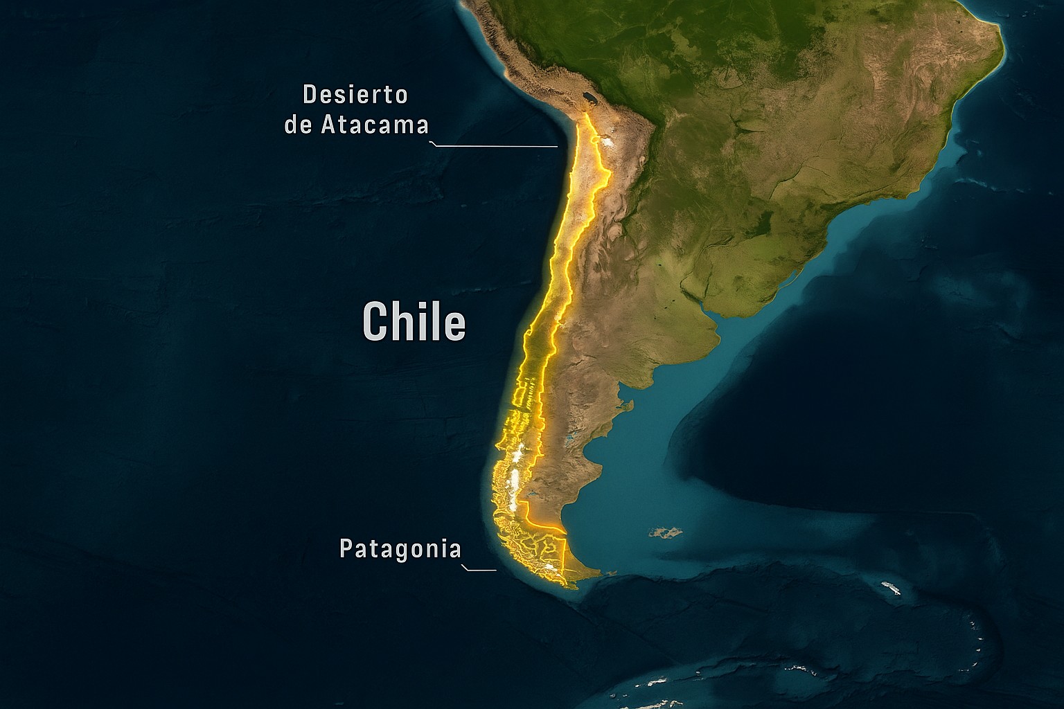 Satellitenansicht von Südamerika mit Chile als leuchtend hervorgehobener, schmaler Küstenstreifen; Beschriftungen in Spanisch markieren „Desierto de Atacama“ im Norden und „Patagonia“ im Süden.
