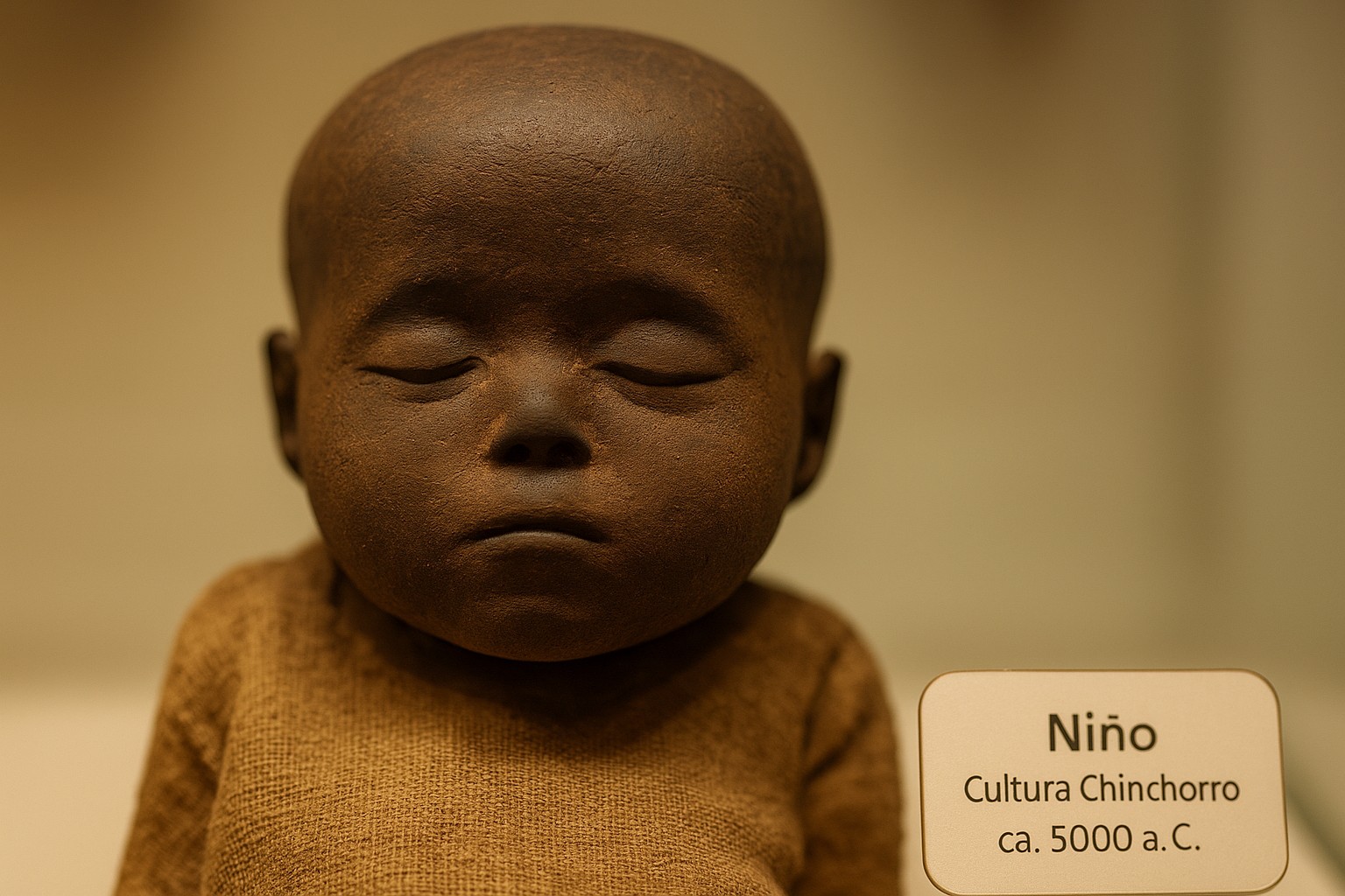Detailaufnahme einer Kindermumie der Chinchorro-Kultur in einer Museumsvitrine; das rekonstruierte Gesicht aus Ton zeigt geschlossene Augen und feine Texturen, daneben ein spanisches Schild „Niño – Cultura Chinchorro ca. 5000 a.C.“.
