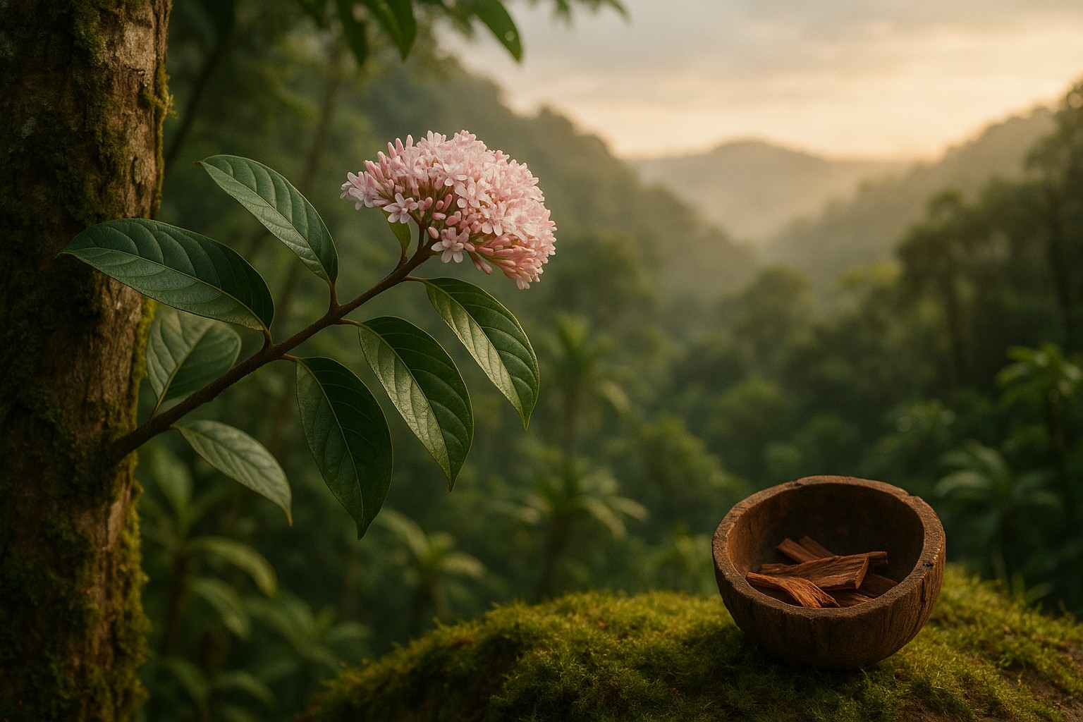 Ein fotorealistisches Bild zeigt einen Cinchona-Baum mit rosa Blüten und glänzenden Blättern in einem tropischen Nebelwald in Ecuador. Im Vordergrund liegt eine Holzschale mit getrockneter Rinde, im Hintergrund breitet sich das grüne Anden-Gebirge im goldenen Morgenlicht aus.
