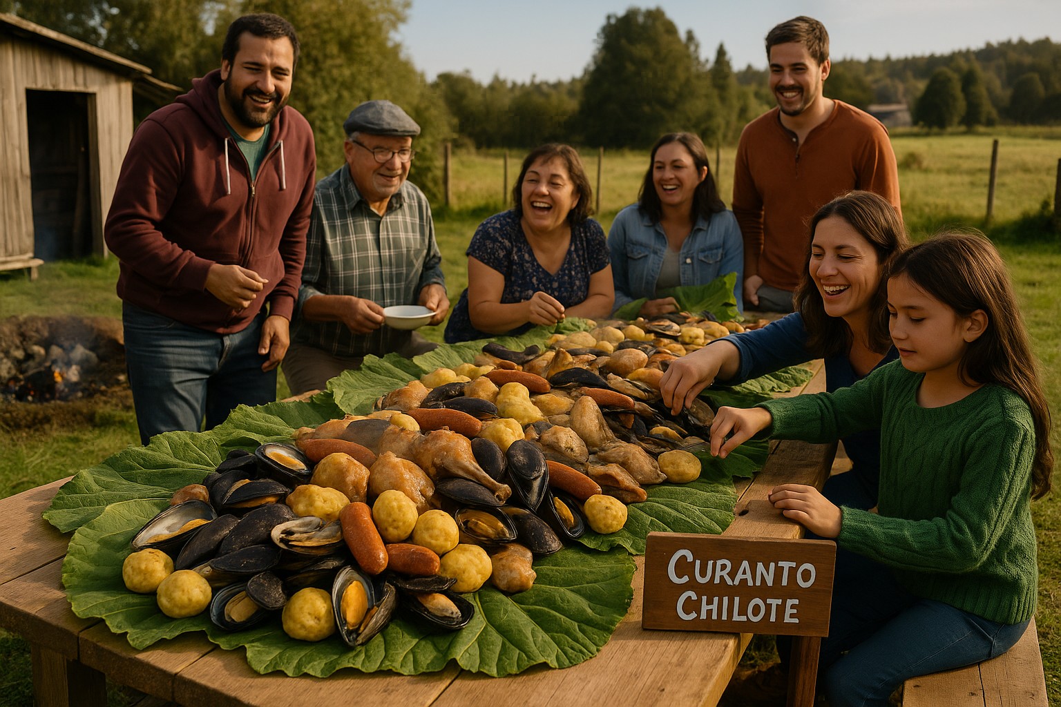 Eine chilenische Familie sitzt fröhlich im Freien um einen langen Holztisch, der mit dem traditionellen Gericht „Curanto Chilote“ auf Nalca-Blättern gedeckt ist.
