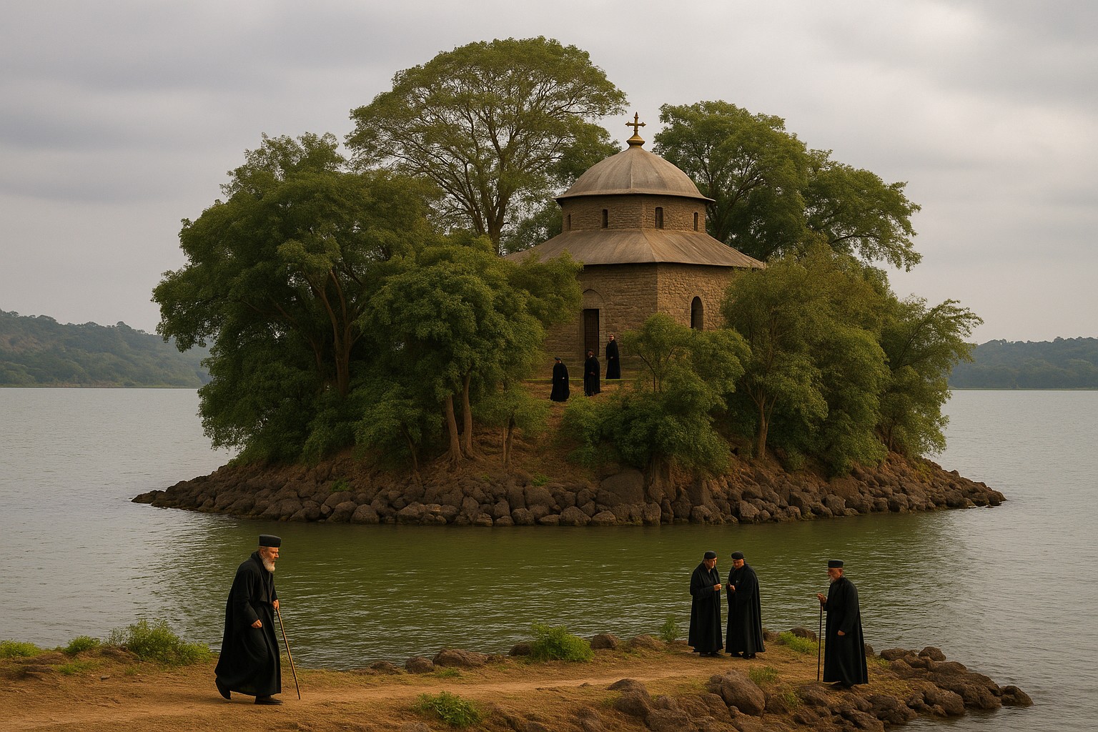  Orthodoxe Mönche auf der heiligen Insel Daga Estifanos im Tanasee, vor einem kleinen Kloster umgeben von Bäumen.
