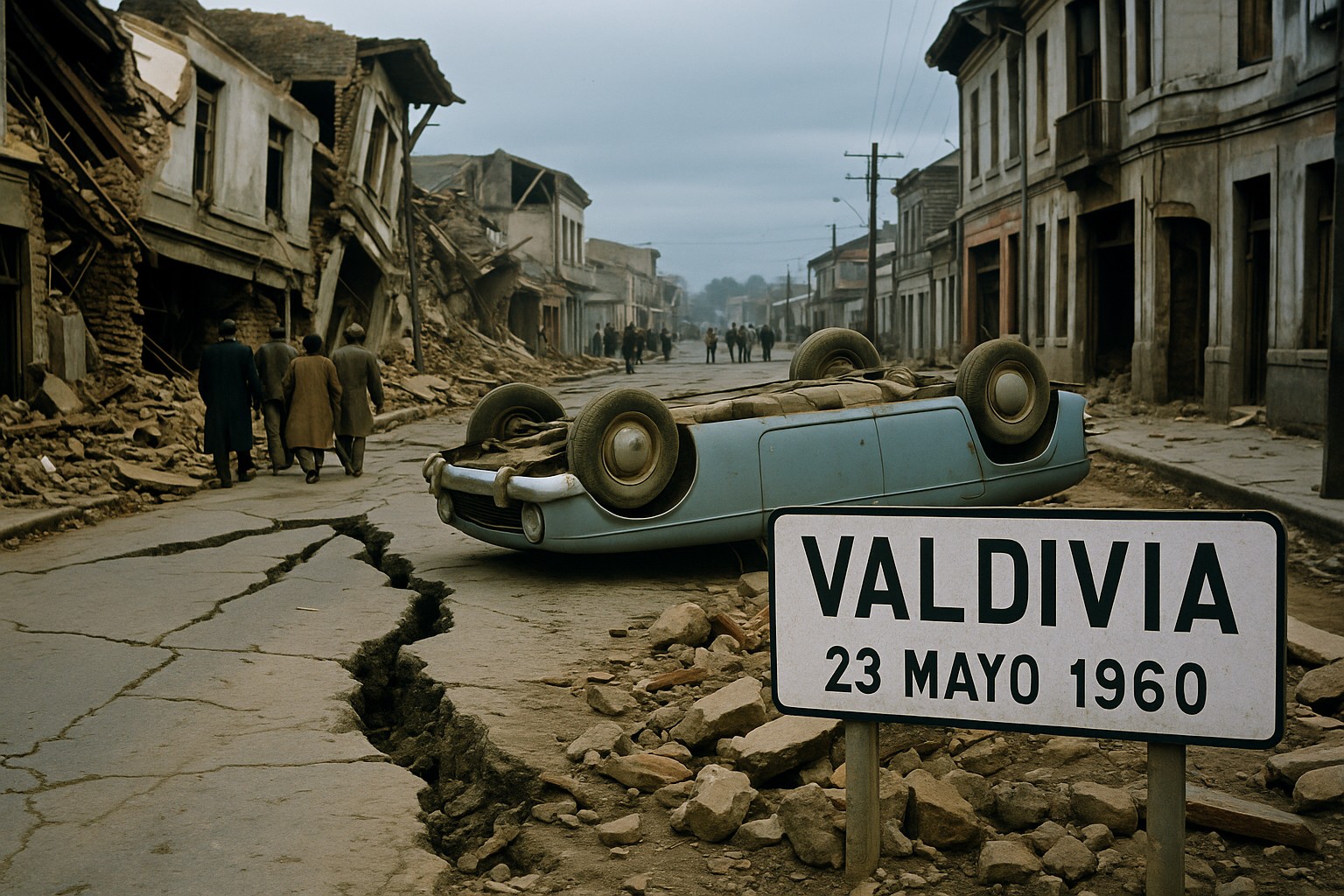 Eine kolorierte Straßenaufnahme von Valdivia nach dem Erdbeben 1960: Ein umgestürztes Auto liegt auf dem Kopf, tiefe Risse durchziehen den Asphalt, zerstörte Gebäude flankieren die Straße und ein Schild „VALDIVIA – 23 MAYO 1960“ betont das historische Datum.

