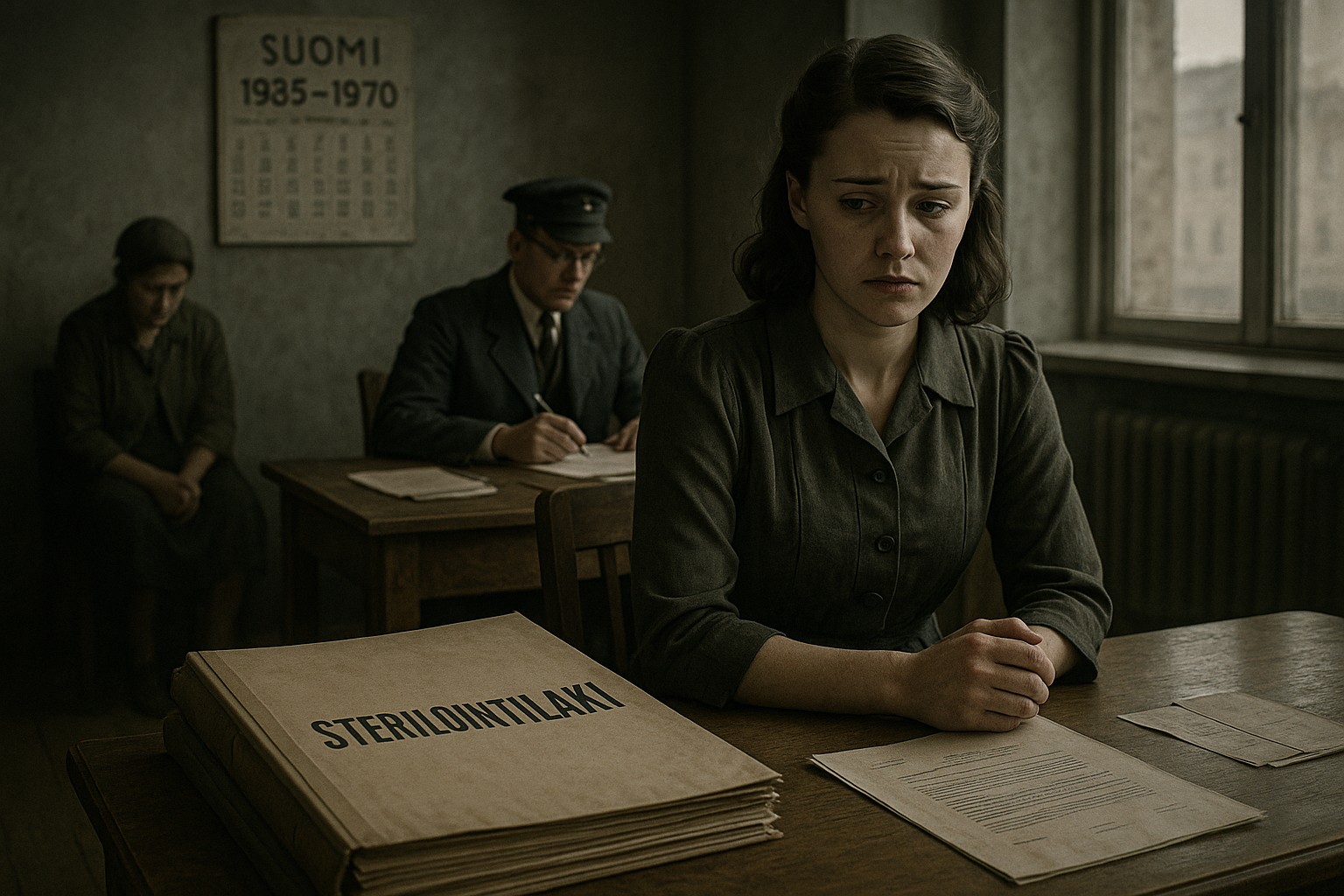 Historisches finnisches Büro der 1940er–1950er Jahre: Im Vordergrund eine junge Frau mit traurigem Blick an einem Schreibtisch mit Akte „STERILOINITILAKI“. Im Hintergrund ein Beamter, der ein Formular ausfüllt, und eine weitere, bedrückte Person auf einem Stuhl. An der Wand ein Kalender mit „SUOMI 1935–1970“. Gedämpftes Licht, ernste, bedrückende Atmosphäre.
