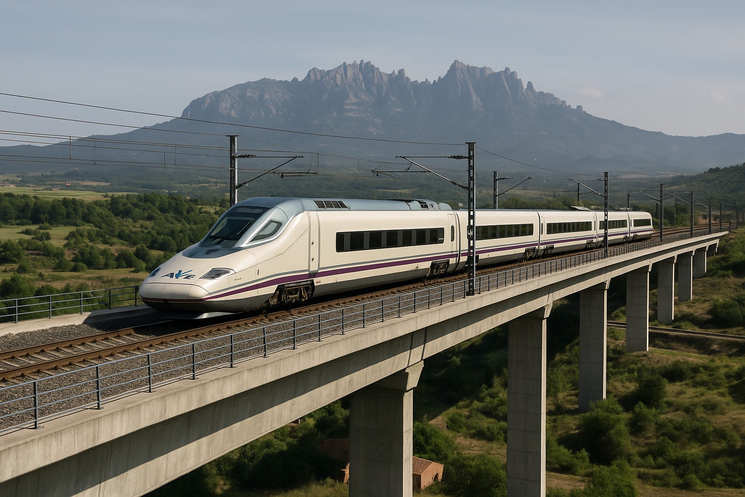 Ein Hochgeschwindigkeitszug der spanischen AVE fährt über ein modernes Viadukt mit dem Berg Montserrat im Hintergrund. 