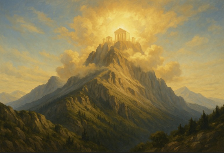 Mythische Darstellung des Olymps als Sitz der Götter mit Tempeln auf der Bergspitze, umgeben von leuchtenden Wolken und Sonnenlicht.
