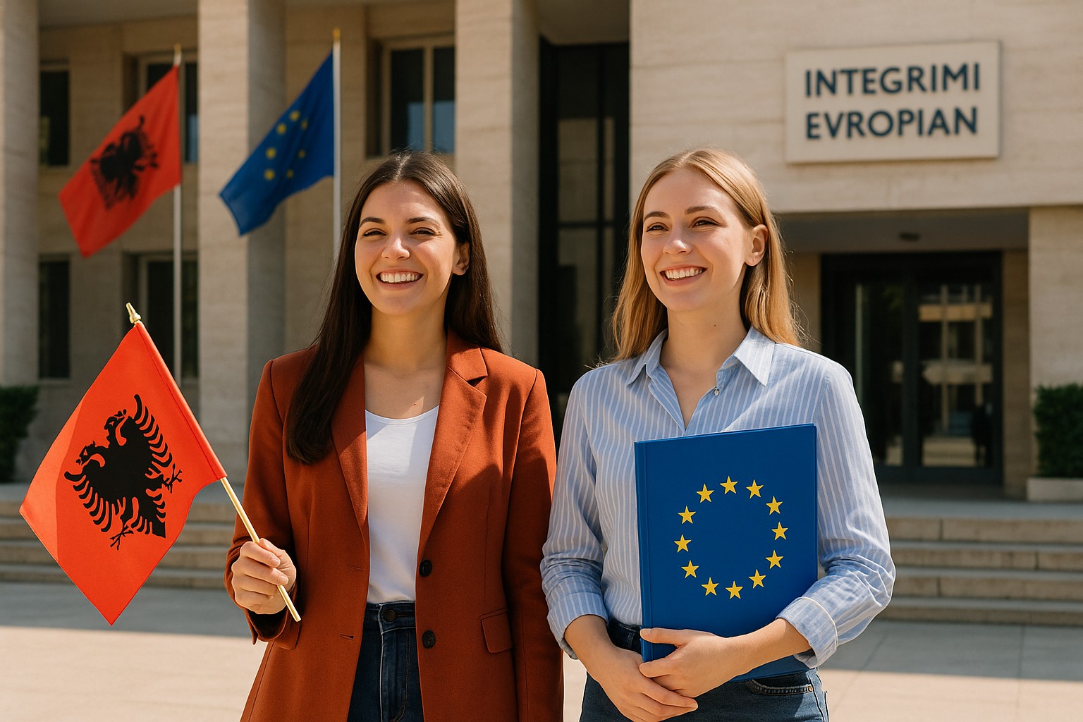 Zwei junge albanische Frauen stehen vor einem modernen Regierungsgebäude in Tirana. Eine hält die albanische Flagge, die andere eine Mappe mit dem EU-Sternenlogo. Hinter ihnen wehen Fahnen und ein Schild über dem Eingang trägt den Schriftzug „INTEGRIMI EVROPIAN“.
