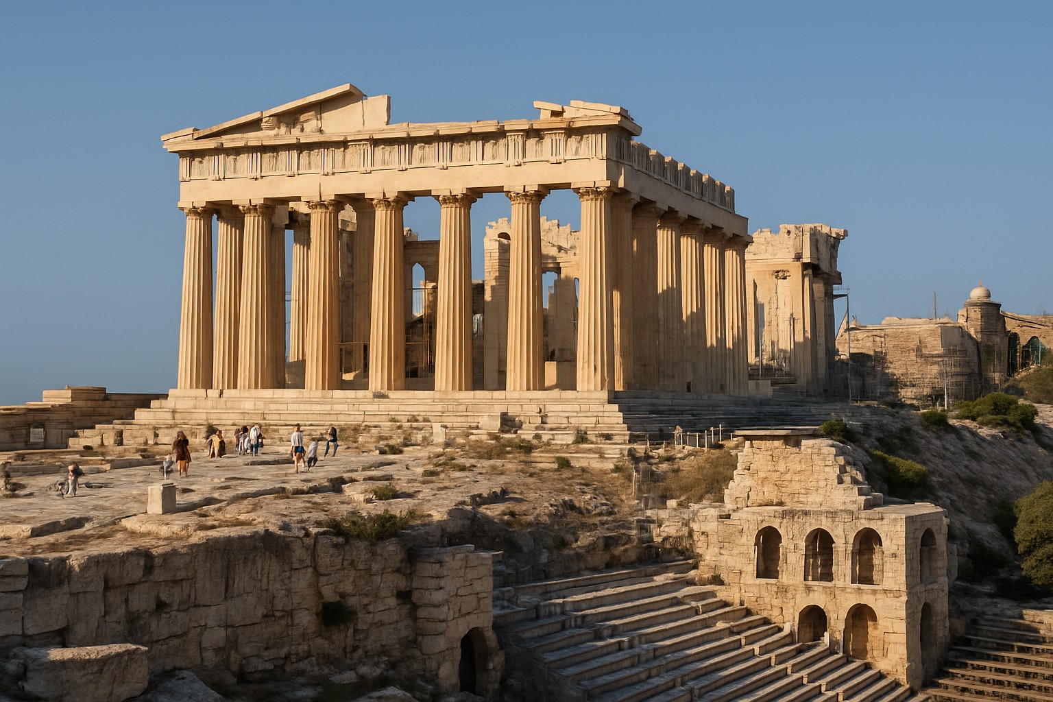 Der Parthenon auf der Akropolis in Athen – ein Meisterwerk der antiken Architektur bei strahlendem Tageslicht.

