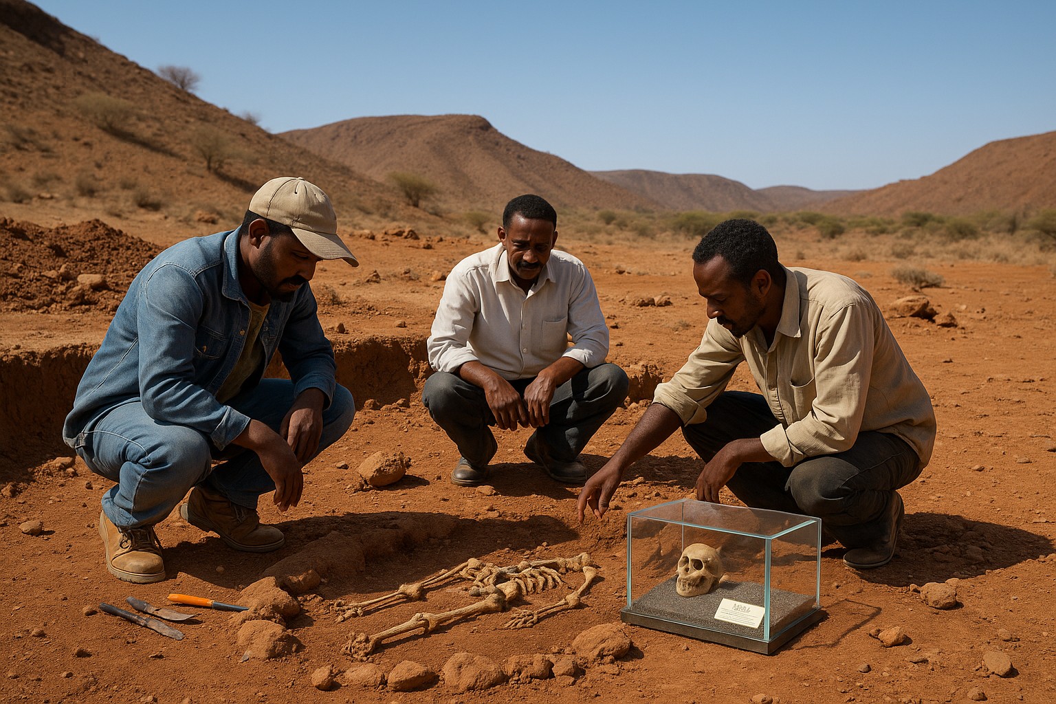 Äthiopische Archäologen untersuchen ein Skelettfragment an einer Ausgrabungsstätte in der Wüstenregion Afar, wo 1974 „Lucy“ entdeckt wurde.
