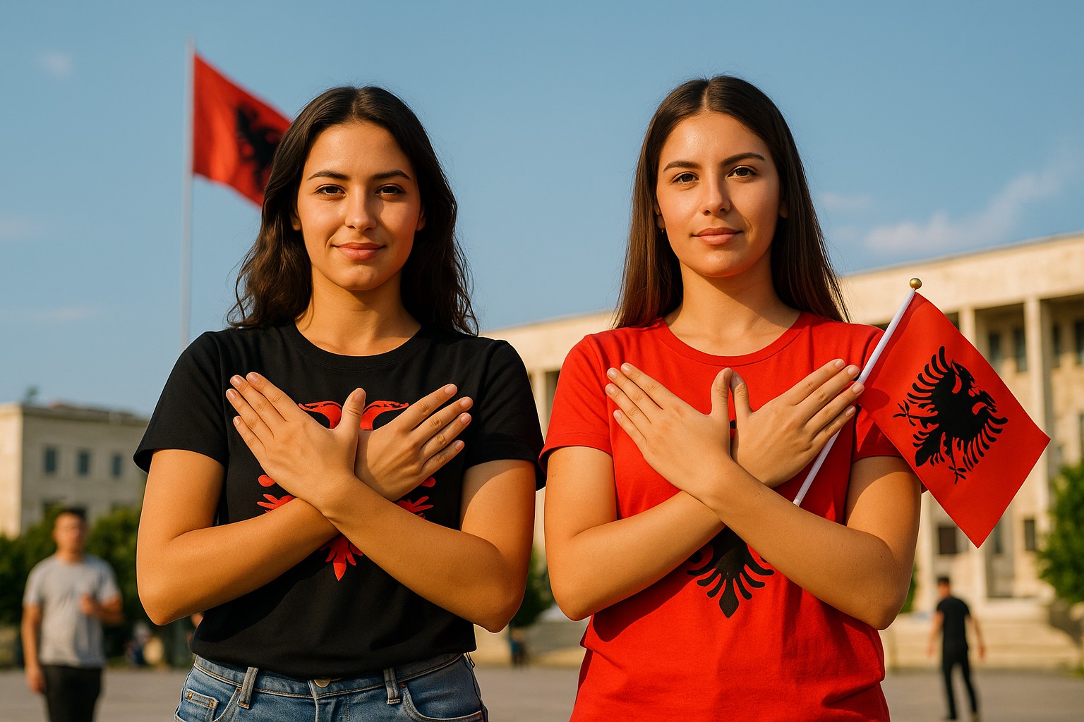 Zwei junge albanische Frauen stehen in einer öffentlichen Platzanlage und führen stolz die „Adler-Geste“ mit verschränkten Armen über der Brust aus. Eine trägt ein schwarzes T-Shirt mit dem Doppeladler-Emblem, die andere ein rotes T-Shirt und hält eine albanische Flagge. Im Hintergrund weht die Nationalflagge vor einem offiziellen Gebäude.
