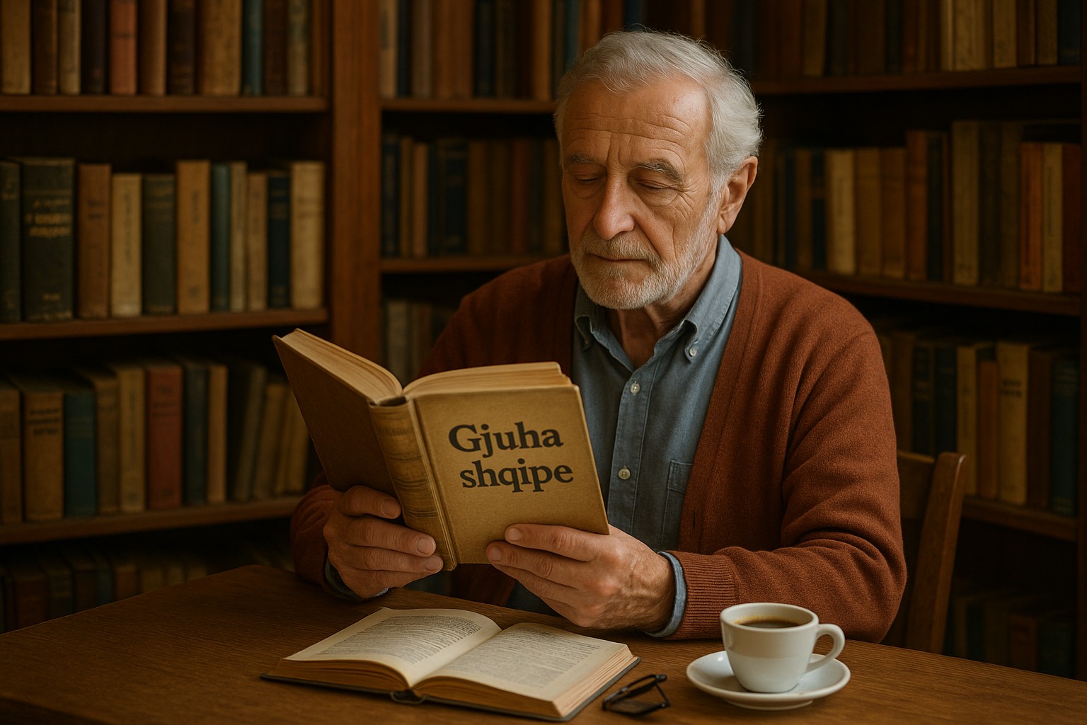 Ein älterer albanischer Mann liest konzentriert ein Buch mit dem Titel „Gjuha shqipe“ in einer gemütlichen Bibliothek. Auf dem Tisch vor ihm liegen eine Tasse Kaffee, eine Lesebrille und ein Notizbuch mit albanischen Notizen.
