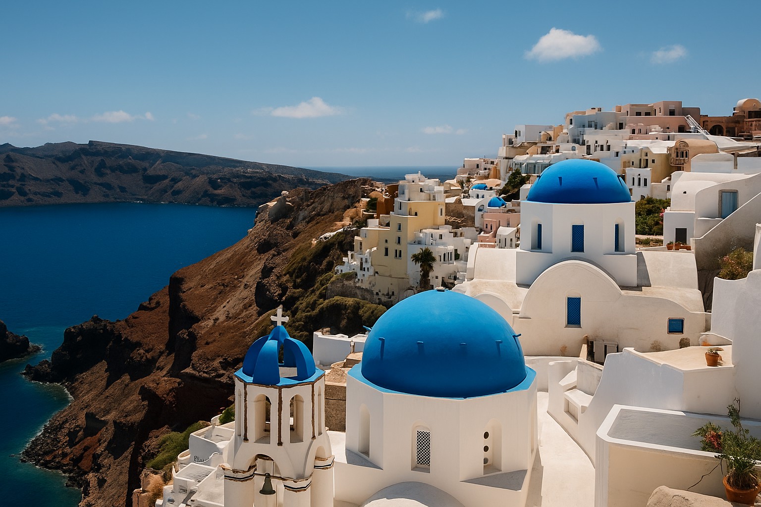Ein hochauflösendes Foto zeigt die berühmten blauen Kuppeln und weißen Häuser von Oia auf Santorin, die sich an eine steile Klippe schmiegen. Im Hintergrund erstreckt sich das tiefblaue Wasser der Ägäis unter einem strahlend blauen Himmel mit vereinzelten weißen Wolken.
