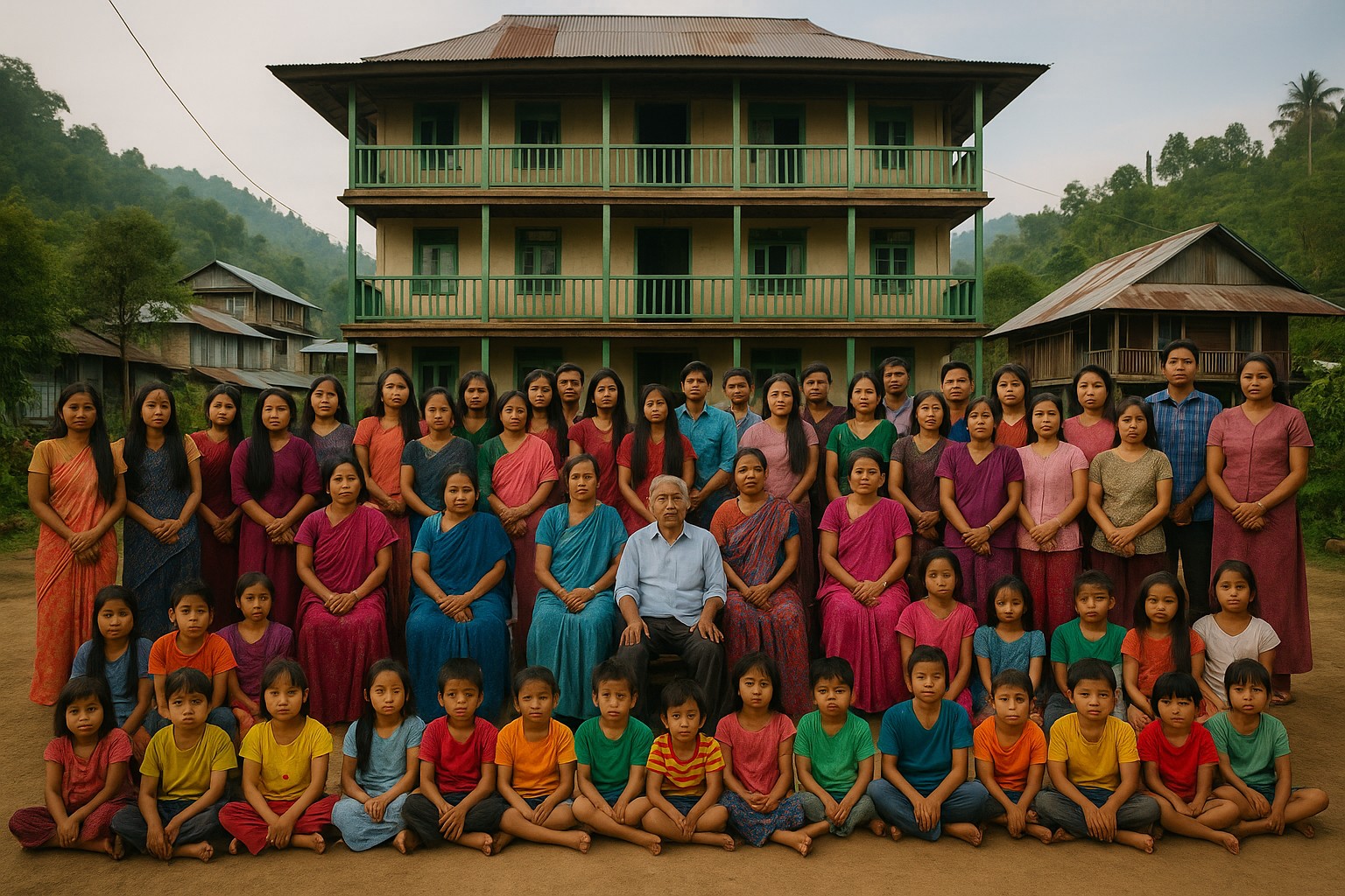 Eine riesige indische Familie posiert vor einem vierstöckigen Haus auf dem Land, alle Generationen in farbenfroher traditioneller Kleidung gruppiert, mit einem älteren Mann im Zentrum.
