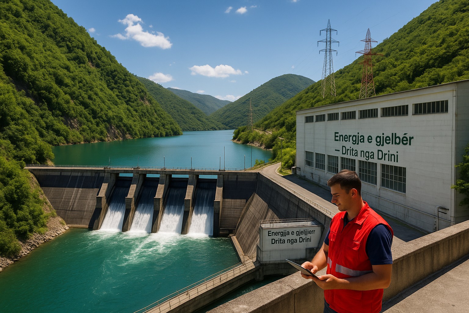 Ein Staudamm im Norden Albaniens erstreckt sich zwischen grünen Bergen, mit einem leuchtend blauen Fluss, der durch die Turbinen fließt. Ein junger Arbeiter in roter Sicherheitsweste steht im Vordergrund und betrachtet ein Tablet. Auf dem Kraftwerksgebäude steht: „Energjia e gjelbër – Drita nga Drini“.
