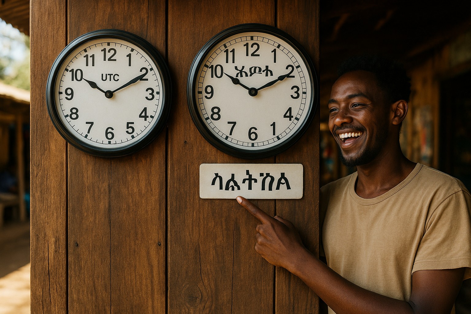  Ein junger Äthiopier zeigt lachend auf zwei Uhren – eine mit internationaler Zeit, die andere mit äthiopischer Zeit ("Habesha Time").

