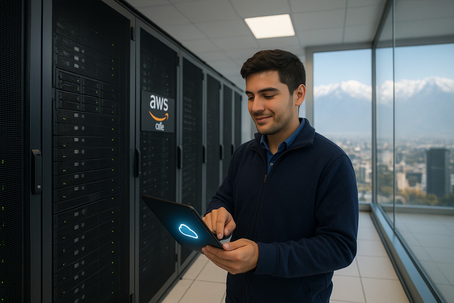 Ein junger chilenischer Techniker steht in einem modernen Rechenzentrum von „AWS Chile“, hält ein Tablet mit leuchtendem Cloud-Symbol, während hinter ihm Reihen schwarzer Server-Racks und durch eine Glaswand die schneebedeckten Anden über der Skyline von Santiago sichtbar sind.
