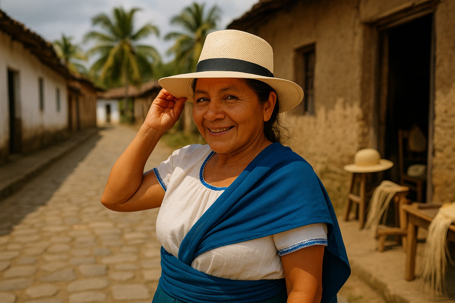 Eine ecuadorianische Frau mittleren Alters mit einem breiten Lächeln trägt einen traditionellen Panama-Hut in einem malerischen Dorf mit Kopfsteinpflasterstraße und Palmen im Hintergrund.
