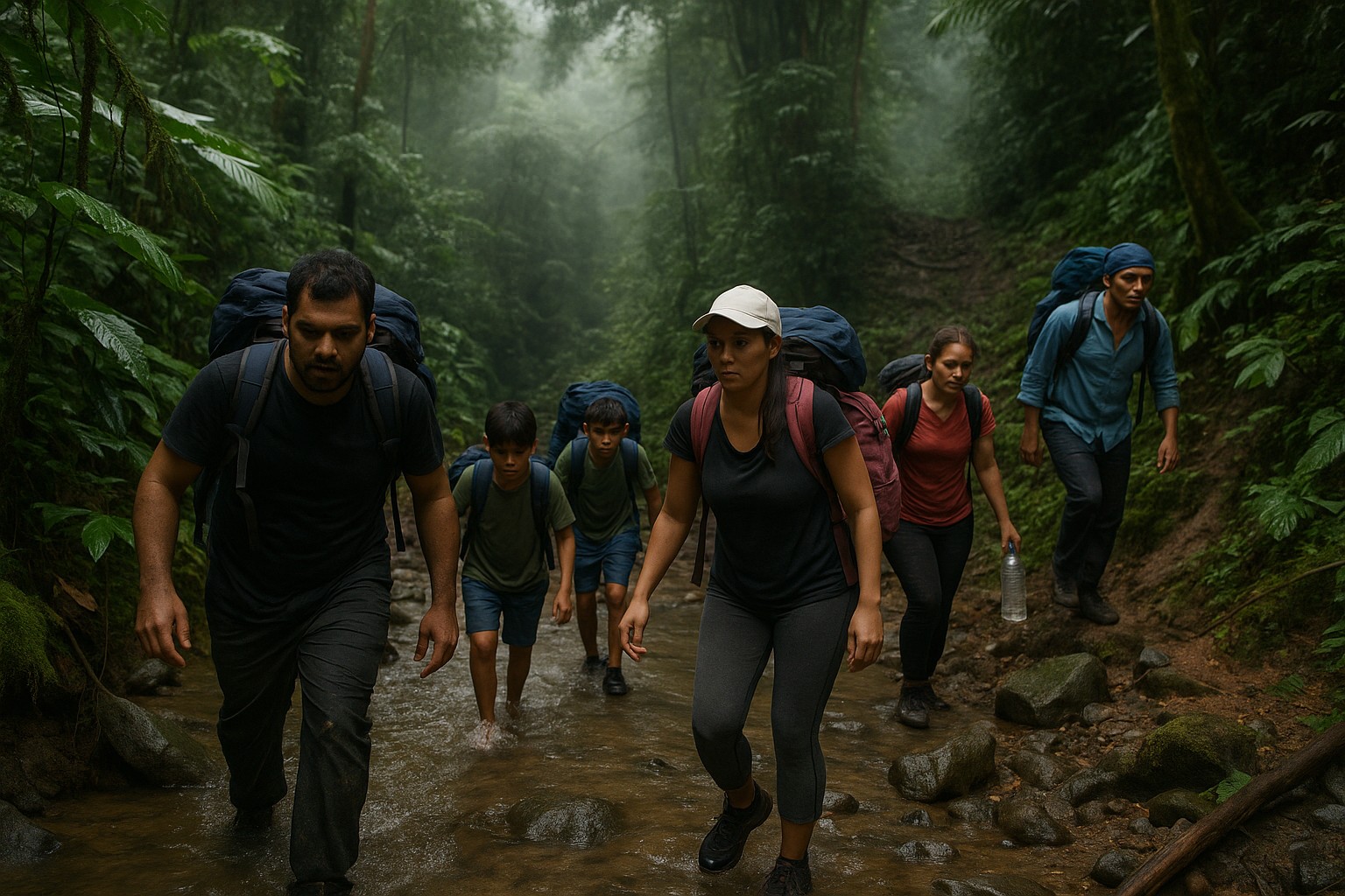 Sechs ecuadorianische Migranten wandern durch den dichten, matschigen Regenwald des Darién Gap. Zwei Erwachsene führen die Gruppe durch einen Bachlauf, während ein Kind und weitere Personen folgen. Die Umgebung ist üppig grün, mit Nebel zwischen den hohen Bäumen und feuchtem Boden.
