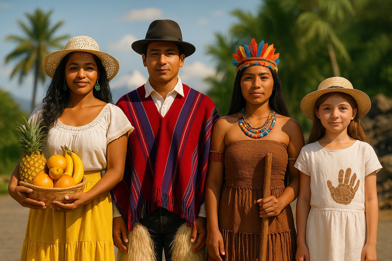 Vier Ecuadorianer in traditioneller Kleidung – zwei Frauen, ein Mann und ein Kind – stehen nebeneinander vor einer tropischen Landschaft. Jeder repräsentiert eine der vier Regionen Ecuadors: Küste, Anden, Amazonas und Galápagos.
