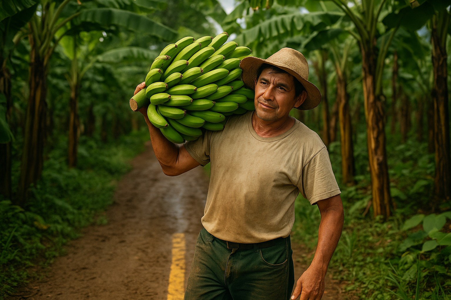 Ein ecuadorianischer Bananenarbeiter mittleren Alters trägt ein großes Bündel grüner Bananen auf der Schulter, während er auf einem schlammigen Pfad durch eine üppige Plantage geht. Er trägt einen Strohhut und ein schlichtes T-Shirt, umgeben von tropischen Bananenstauden unter natürlichem Tageslicht.
