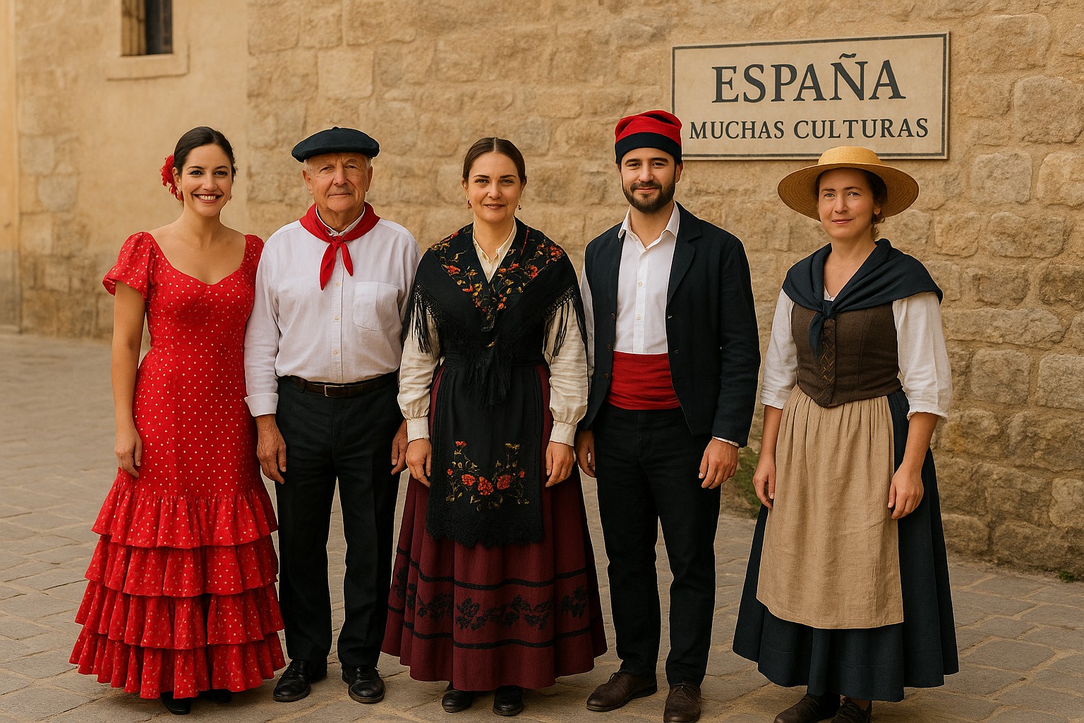 Fünf Personen – Männer und Frauen – tragen traditionelle Kleidung aus verschiedenen spanischen Regionen und stehen vor einer Steinmauer mit dem Schild „ESPAÑA – MUCHAS CULTURAS“. 