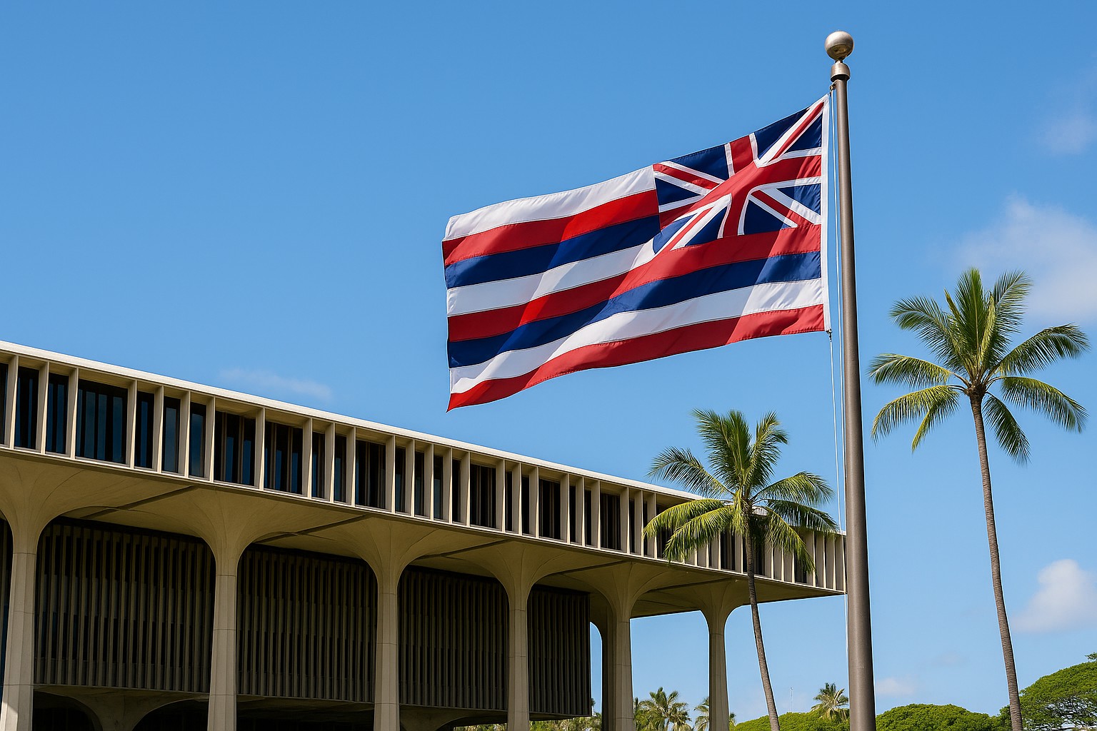 Vor dem Hawaii State Capitol in Honolulu weht die Flagge Hawaiis deutlich sichtbar: Acht horizontale Streifen und der Union Jack in der oberen linken Ecke; dahinter erheben sich elegante Betonstützen des Regierungsgebäudes und schlanke Palmen unter klarem Himmel.
