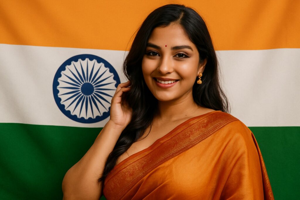 Junge Inderin im goldenen Sari vor der indischen Nationalflagge mit warmem Lächeln