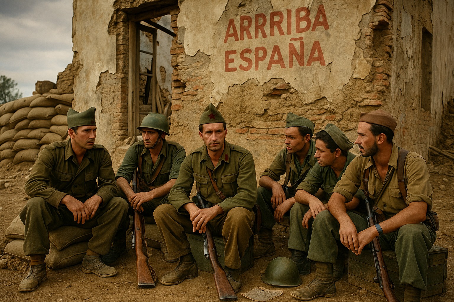  Eine kolorierte historische Fotografie zeigt sechs erschöpfte Soldaten aus dem Spanischen Bürgerkrieg, die vor einer zerstörten Mauer mit der Aufschrift „ARRIBA ESPAÑA“ sitzen. Ihre Kleidung ist abgenutzt, und ihre Gesichter spiegeln Müdigkeit und Nachdenklichkeit wider. 