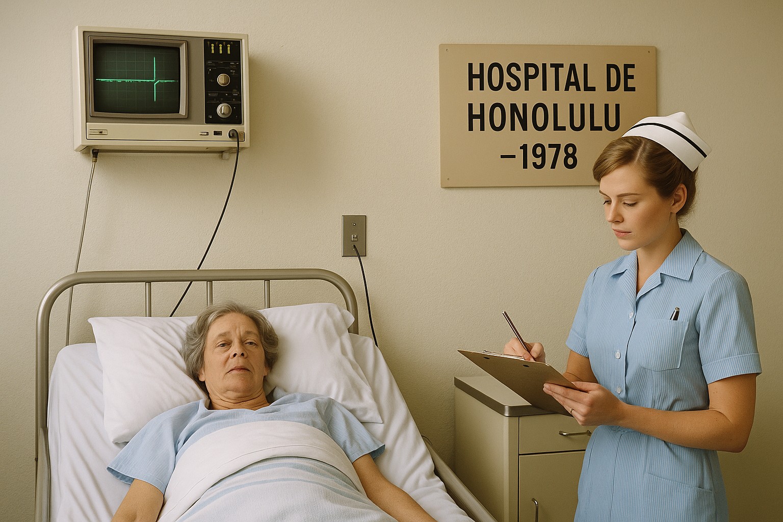 Ein historisches Foto aus dem Jahr 1978 zeigt eine ältere Patientin im Krankenhaus von Honolulu, mit einer Krankenschwester in traditioneller Uniform, die an ihrem Bett steht und Notizen macht. Über dem Bett hängt ein Retro-Herzmonitor, während ein Schild an der Wand „Hospital de Honolulu – 1978“ trägt.
