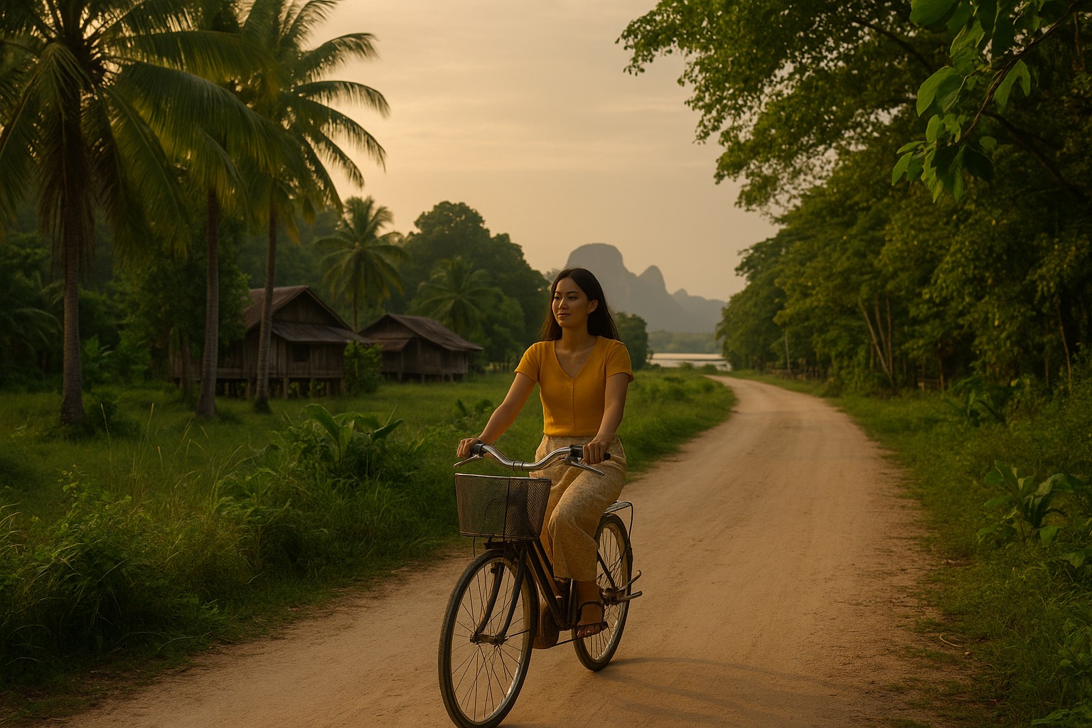 Eine junge thailändische Frau fährt mit einem schwarzen Fahrrad auf einem unbefestigten Weg durch eine grüne tropische Landschaft, umgeben von Palmen, traditionellen Holzhäusern und bewaldeten Hügeln in der Ferne, im warmen Licht des späten Nachmittags.
