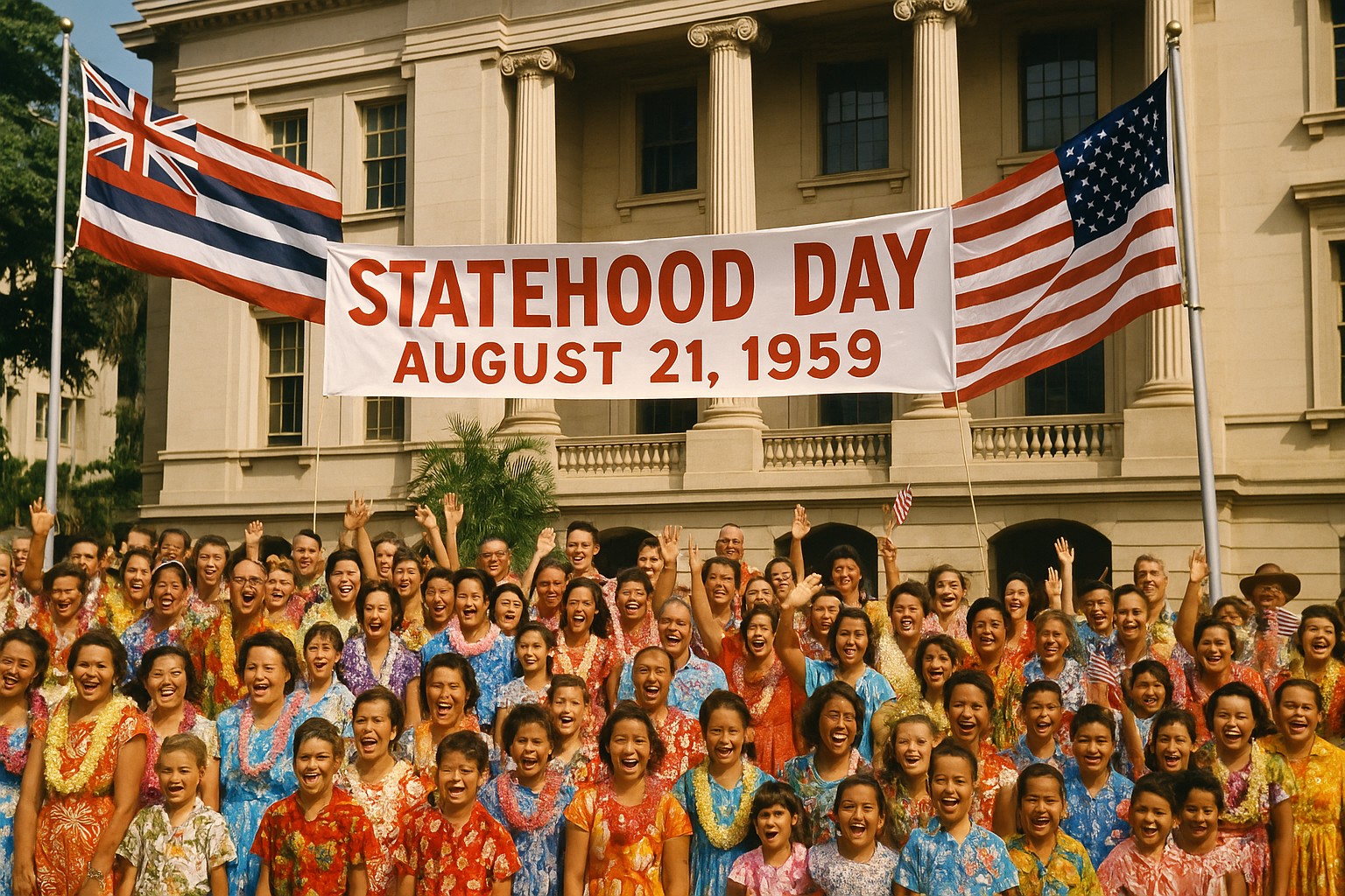 Ein farbenfrohes Foto zeigt die Feierlichkeiten zum "Statehood Day" am 21. August 1959 vor einem neoklassizistischen Regierungsgebäude in Honolulu. Eine große, lächelnde Menschenmenge in traditionellen hawaiianischen Kleidern jubelt unter einem Banner mit der Aufschrift „STATEHOOD DAY – AUGUST 21, 1959“, flankiert von den Flaggen Hawaiis und der USA.
