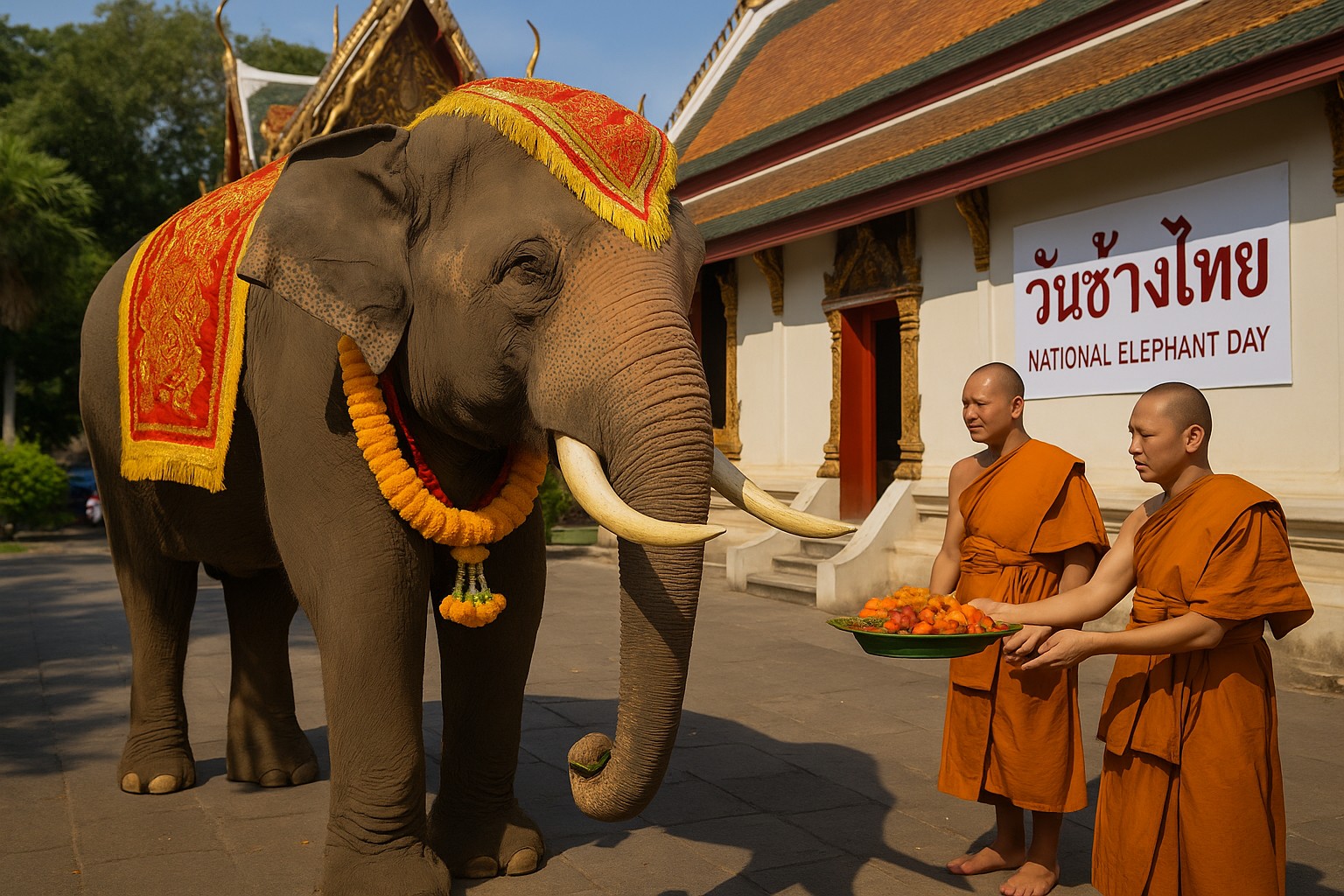 Ein thailändischer Elefant mit traditionellem roten und gelben Zeremonien-Tuch und Ringelblumenkranz steht vor einem buddhistischen Tempel, während zwei Mönche ihm ein Tablett mit Obst als Opfergabe darbieten. Im Hintergrund ist ein Banner zu sehen mit der Aufschrift „วันช้างไทย – National Elephant Day“.
