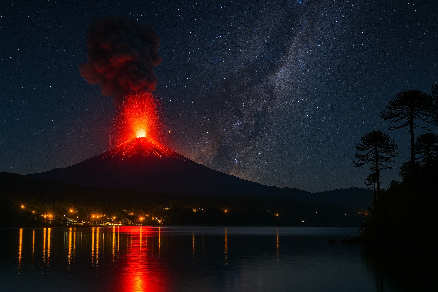 Ein nächtlicher Ausbruch des Villarrica-Vulkans in Chile: Glühend rote Lava schießt in die Höhe, umgeben von einer dichten Rauchwolke. Im Vordergrund spiegelt ein ruhiger See die feurigen Farben, während winzige Lichter eines Dorfes am Ufer blinken und die Milchstraße den Sternenhimmel dominiert.
