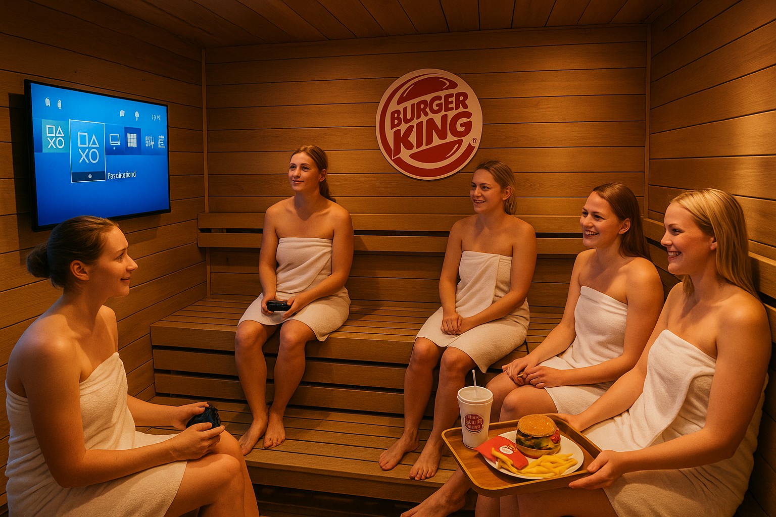 Vier finnische Frauen entspannen in einer modernen Sauna mit Burger-King-Logo, essen Burger und Pommes, spielen Playstation und genießen die traditionelle Saunakultur.
