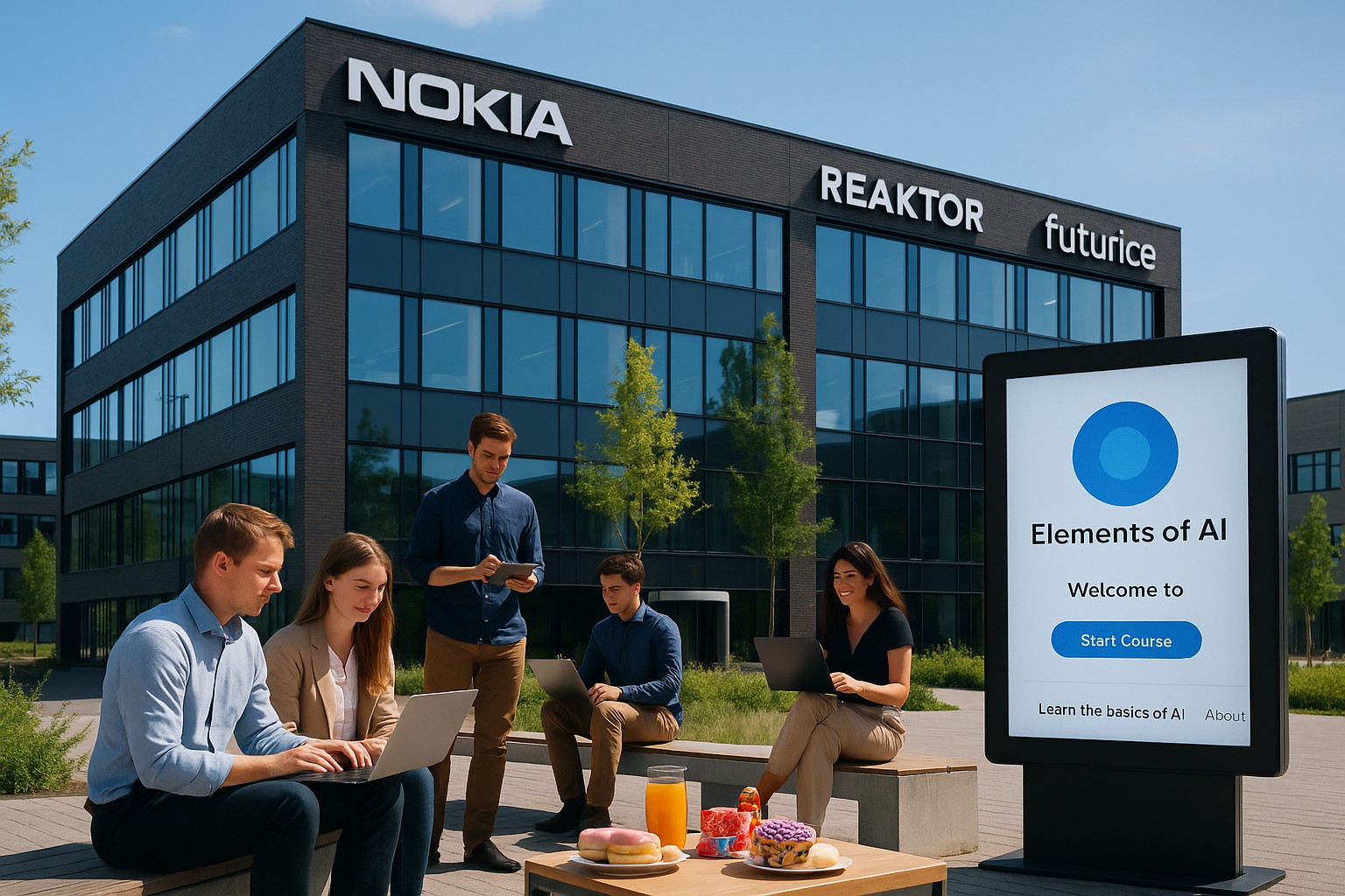 Moderner finnischer Technologie-Campus an einem sonnigen Tag: Im Vordergrund ein großes, zeitgenössisches Bürogebäude mit den Logos von „Nokia“, „Reaktor“ und „Futurice“. Menschen in Business-Casual arbeiten draußen an Laptops und Tablets. Am Eingang ein digitaler Bildschirm mit der Benutzeroberfläche des Online-Kurses „Elements of AI“. Klare, zukunftsorientierte Atmosphäre.
