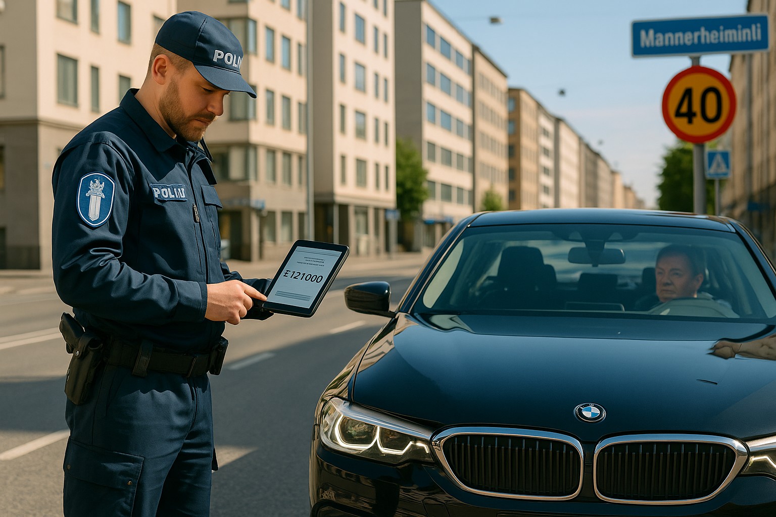 Moderne finnische Stadtstraße bei Tageslicht: Ein schwarzer Luxuswagen wird von einem Polizisten angehalten. Der Polizist hält ein Tablet mit der Berechnung der Verkehrsstrafe. Im Hintergrund skandinavische Architektur und finnische Straßenschilder. Die Atmosphäre ist freundlich, das Licht natürlich und warm.
