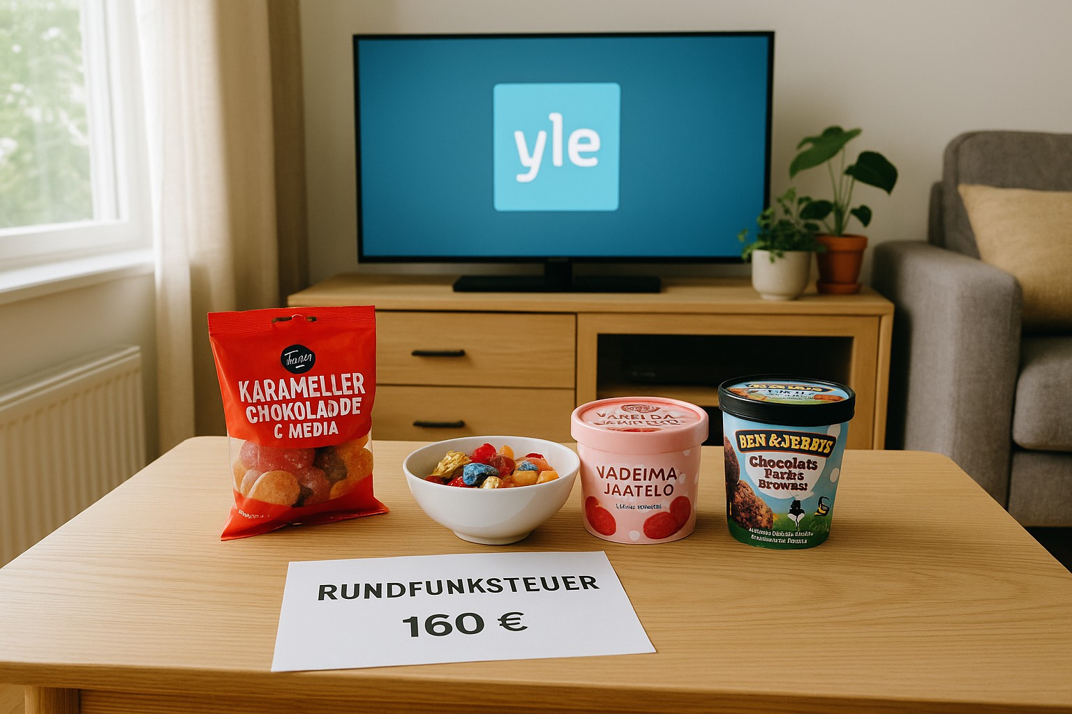 Gemütliches finnisches Wohnzimmer mit Holztisch, auf dem verschiedene finnische Süßigkeiten, Eiscreme und ein Steuerbescheid mit der Aufschrift „Rundfunksteuer“ (160 €) liegen. Im Hintergrund ein Flachbildfernseher mit YLE-Logo. Helles Tageslicht, typische finnische Dekoration und Möbel sorgen für freundliche Atmosphäre.
