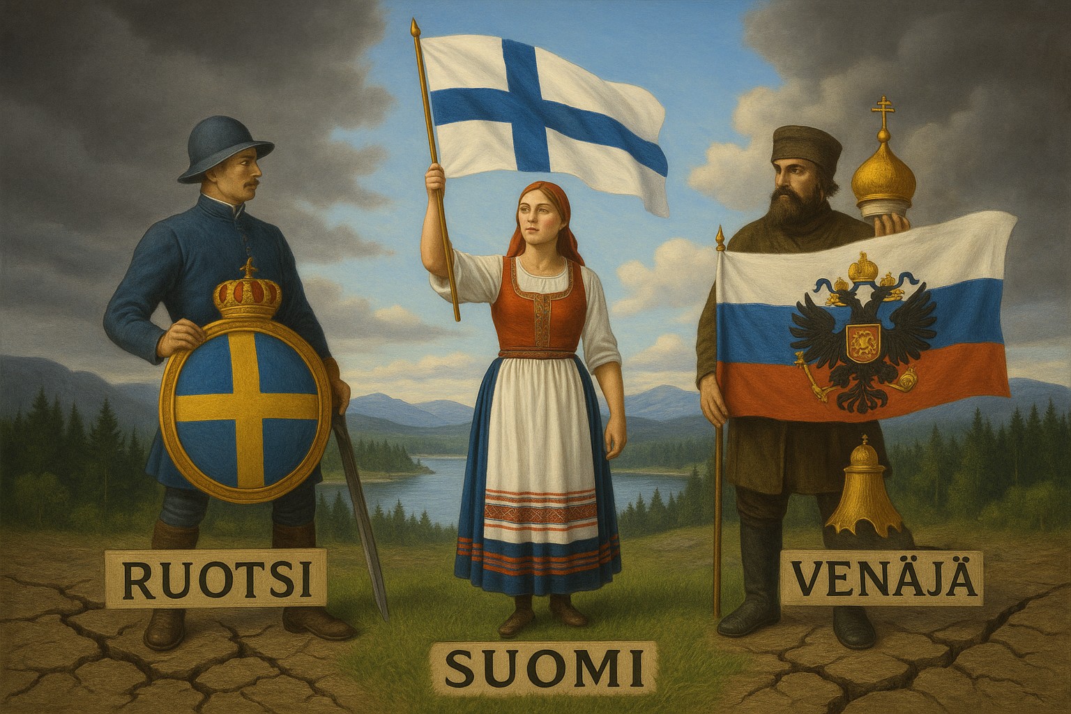 Eine realistische Szene zeigt in der Mitte eine Frau in finnischer Tracht, die stolz die finnische Flagge hält. Links steht ein Soldat mit schwedischem Schild und Krone, rechts eine russische Figur mit Zarenfahne und orthodoxer Kuppel. Der Boden unter Schweden und Russland ist rissig, unter Finnland wächst grünes Gras. Im Hintergrund sieht man finnische Natur mit Seen, Bergen und Wäldern, über Finnland ist der Himmel hell, zu den Seiten bewölkt. Beschriftungen: „RUOTSI“ links, „SUOMI“ mittig, „VENÄJÄ“ rechts.
