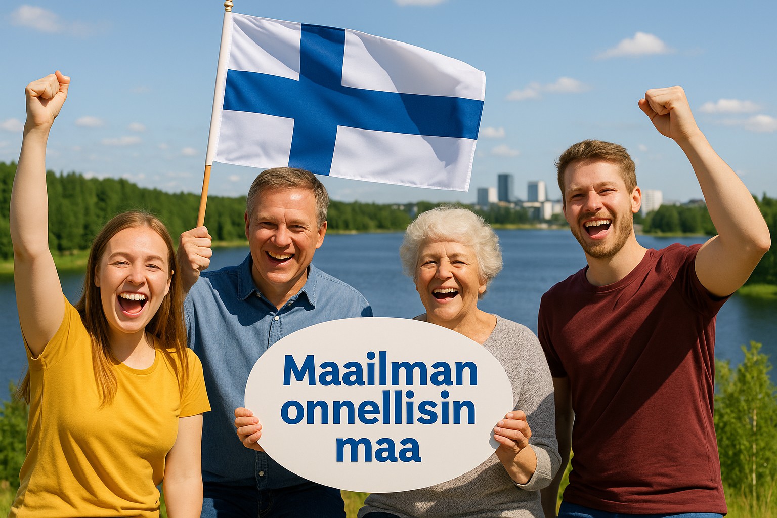 Vier fröhliche Finnen unterschiedlicher Generationen feiern im Freien vor einem See und moderner Stadtkulisse. Sie halten eine große finnische Flagge und ein Schild mit der Aufschrift „Maailman onnellisin maa“. Die Sonne scheint, die Stimmung ist ausgelassen und freundlich.
