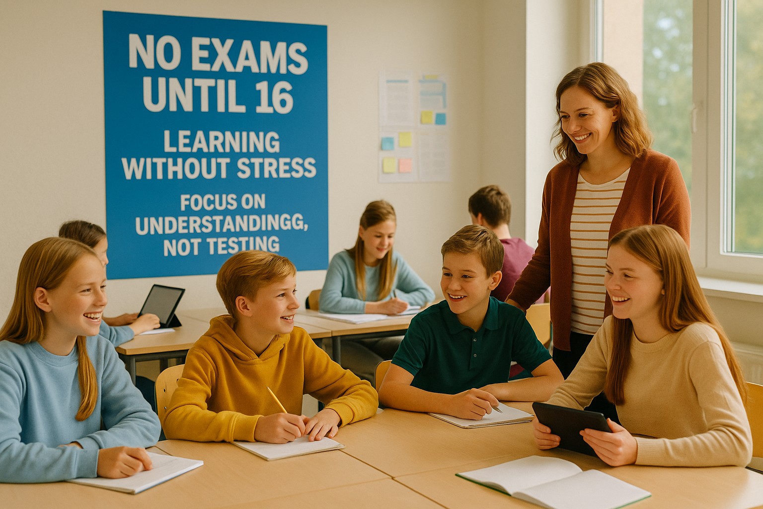 Moderner finnischer Klassenraum mit Schülern, Lehrerin und Poster „No Exams Until 16 – Learning Without Stress – Focus on Understanding, Not Testing“.
