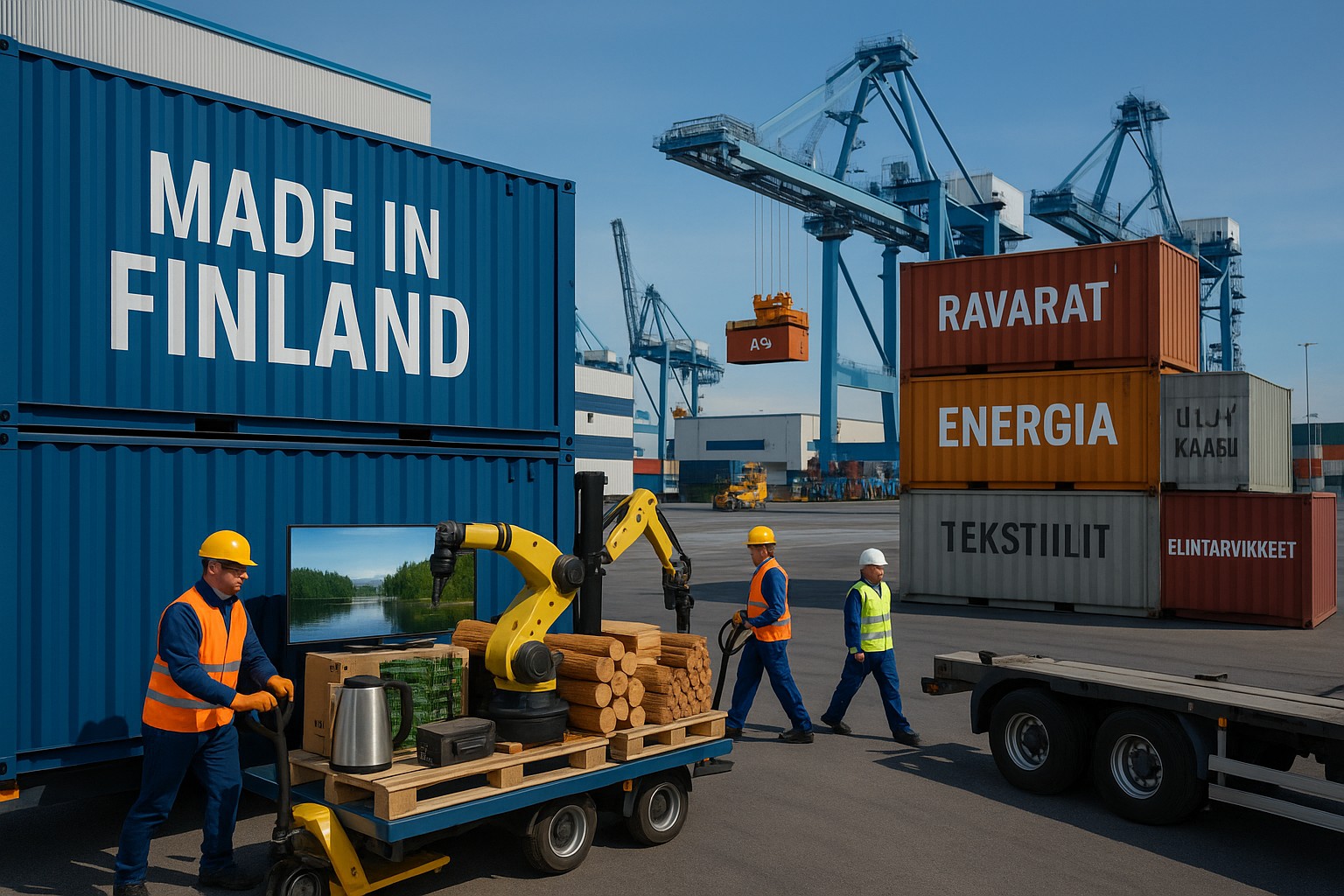 Finnischer Industriehafen bei Tageslicht: Ein großer blauer Container mit der Aufschrift „MADE IN FINLAND“ wird beladen mit Elektronik, Maschinen und Holzprodukten. Daneben Container mit finnischen Aufschriften „RAVARAT“ (Rohstoffe), „ENERGIA“ (Energie), „TEKSTIILIT“ (Textilien), „ELINTARVIKKEET“ (Lebensmittel). Arbeiter in Warnwesten, moderne Kräne im Hintergrund, geschäftige Atmosphäre.
